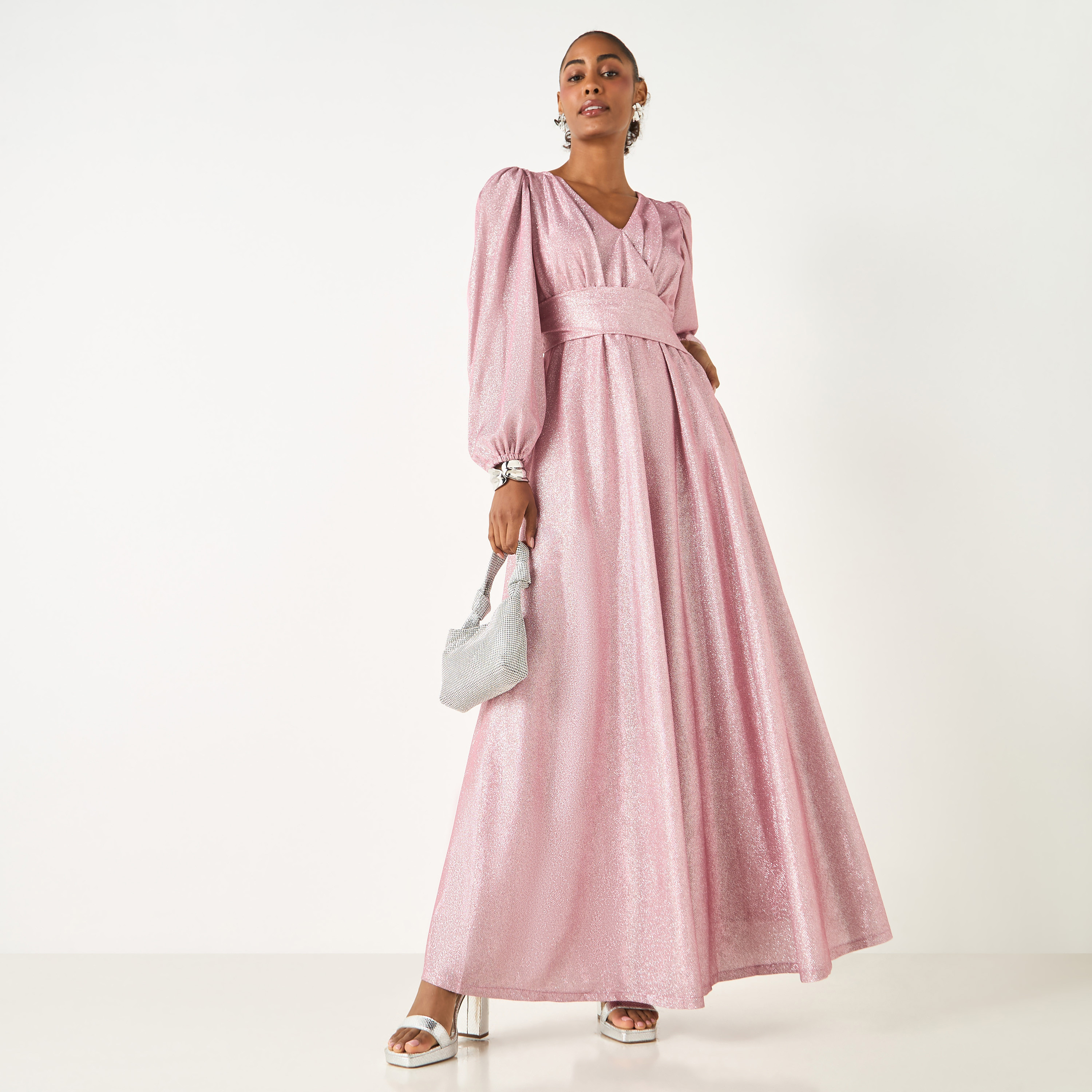 فستان بارز الملمس بياقة V وأكمام واسعة من جولدن آبل-women-clothing-dresses-image-1