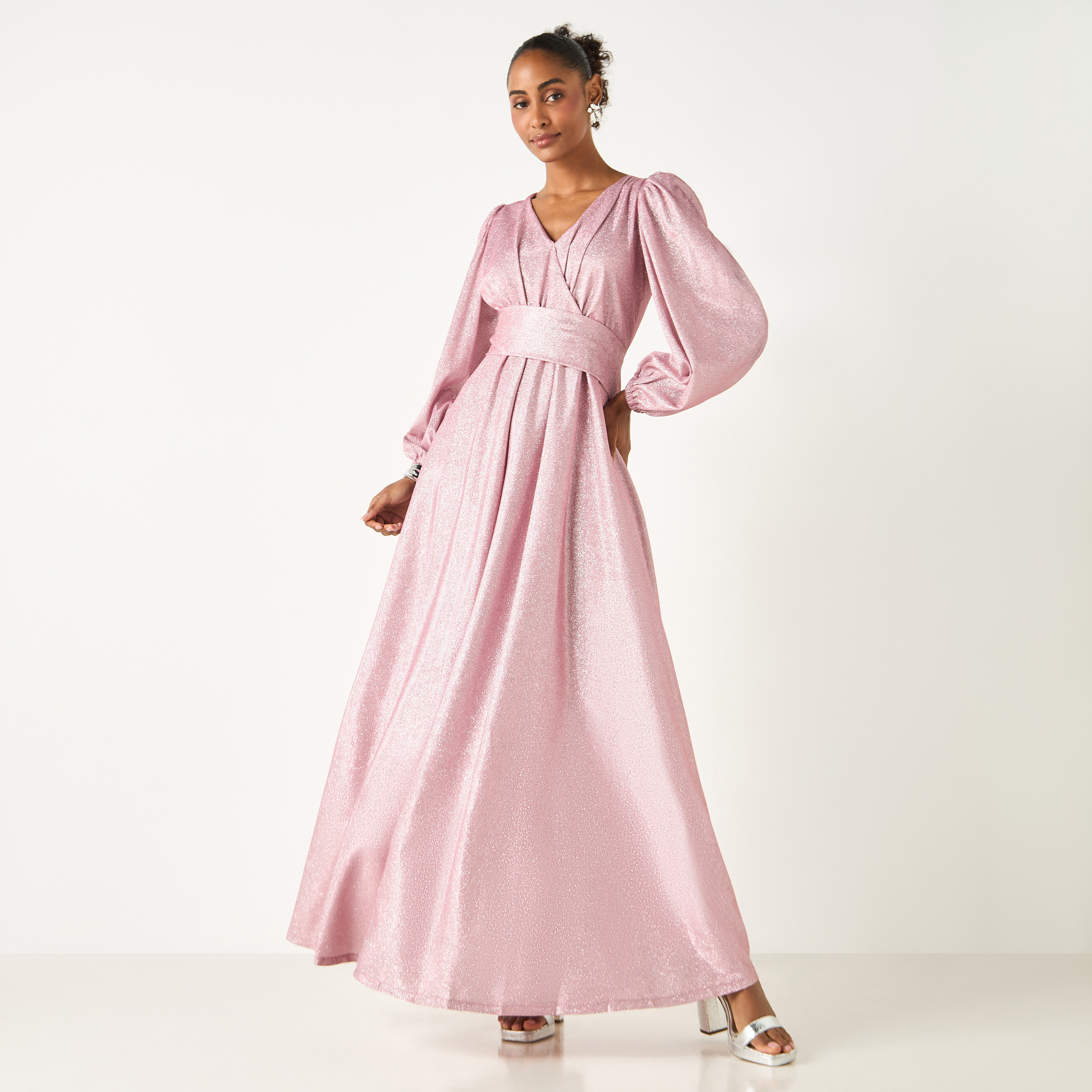 فستان بارز الملمس بياقة V وأكمام واسعة من جولدن آبل-women-clothing-dresses-image-2