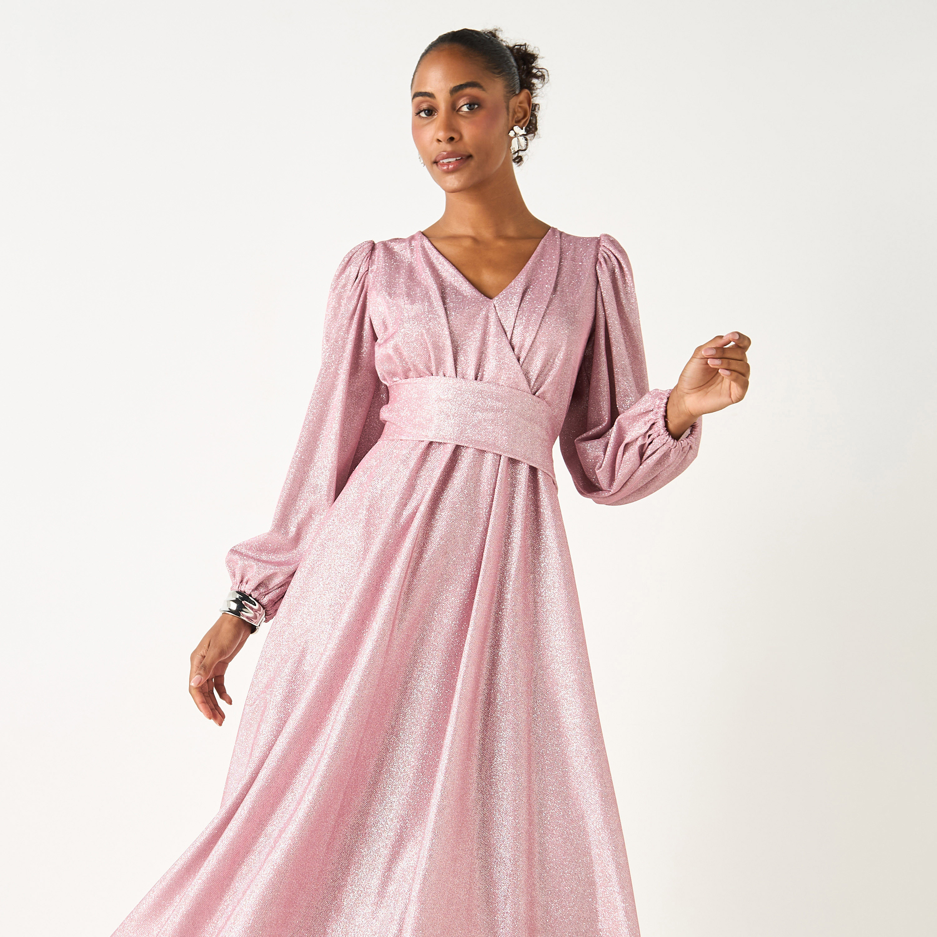 فستان بارز الملمس بياقة V وأكمام واسعة من جولدن آبل-women-clothing-dresses-image-3
