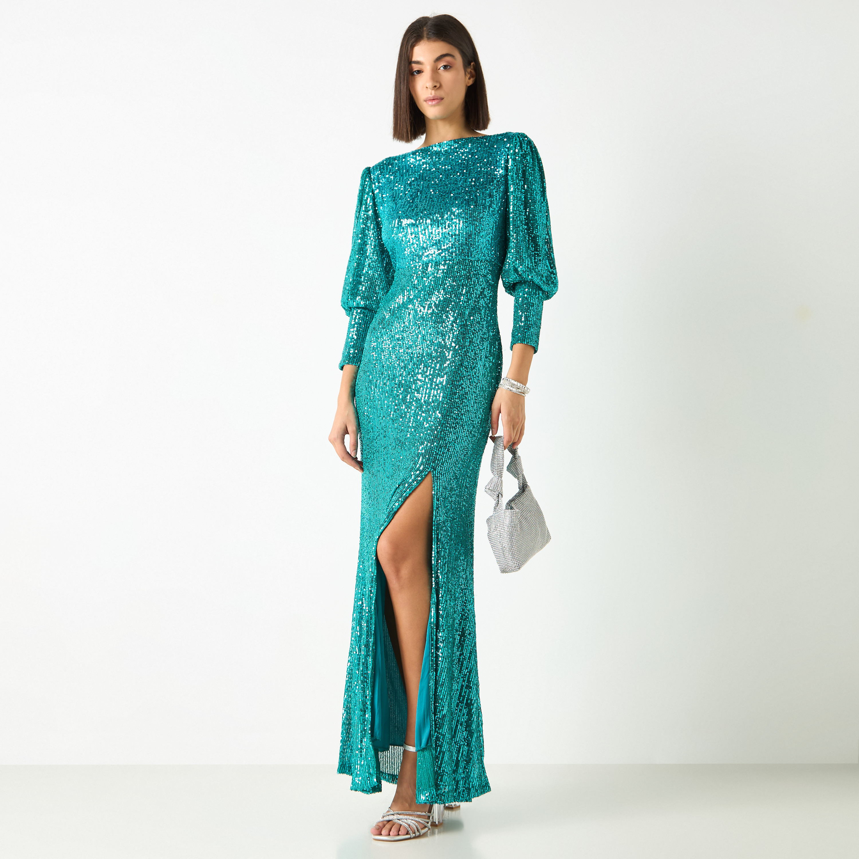 فستان مزين بأكمام منفوخة وتفاصيل فتحة من جولدن أبل-women-clothing-dresses-image-1