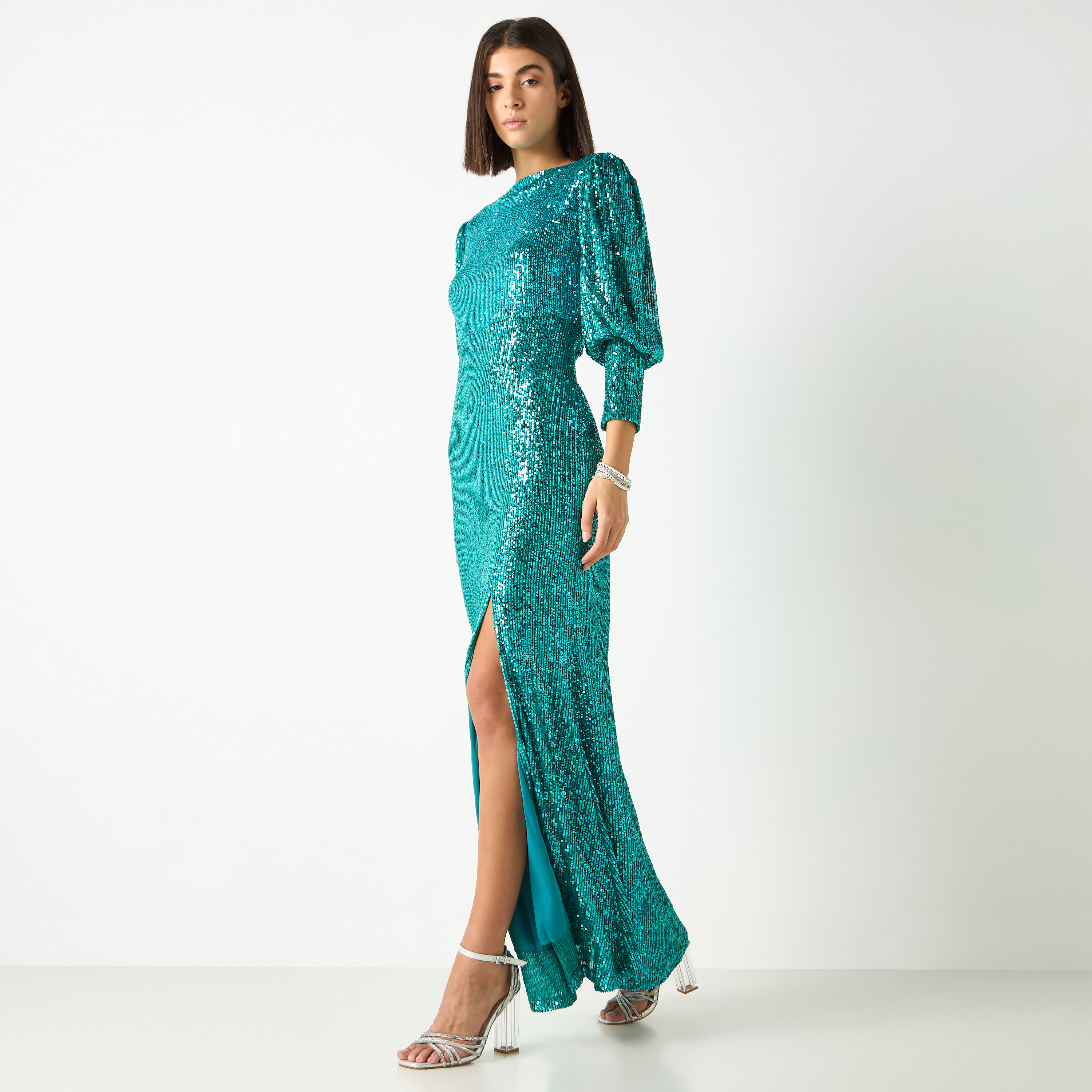 فستان مزين بأكمام منفوخة وتفاصيل فتحة من جولدن أبل-women-clothing-dresses-image-2