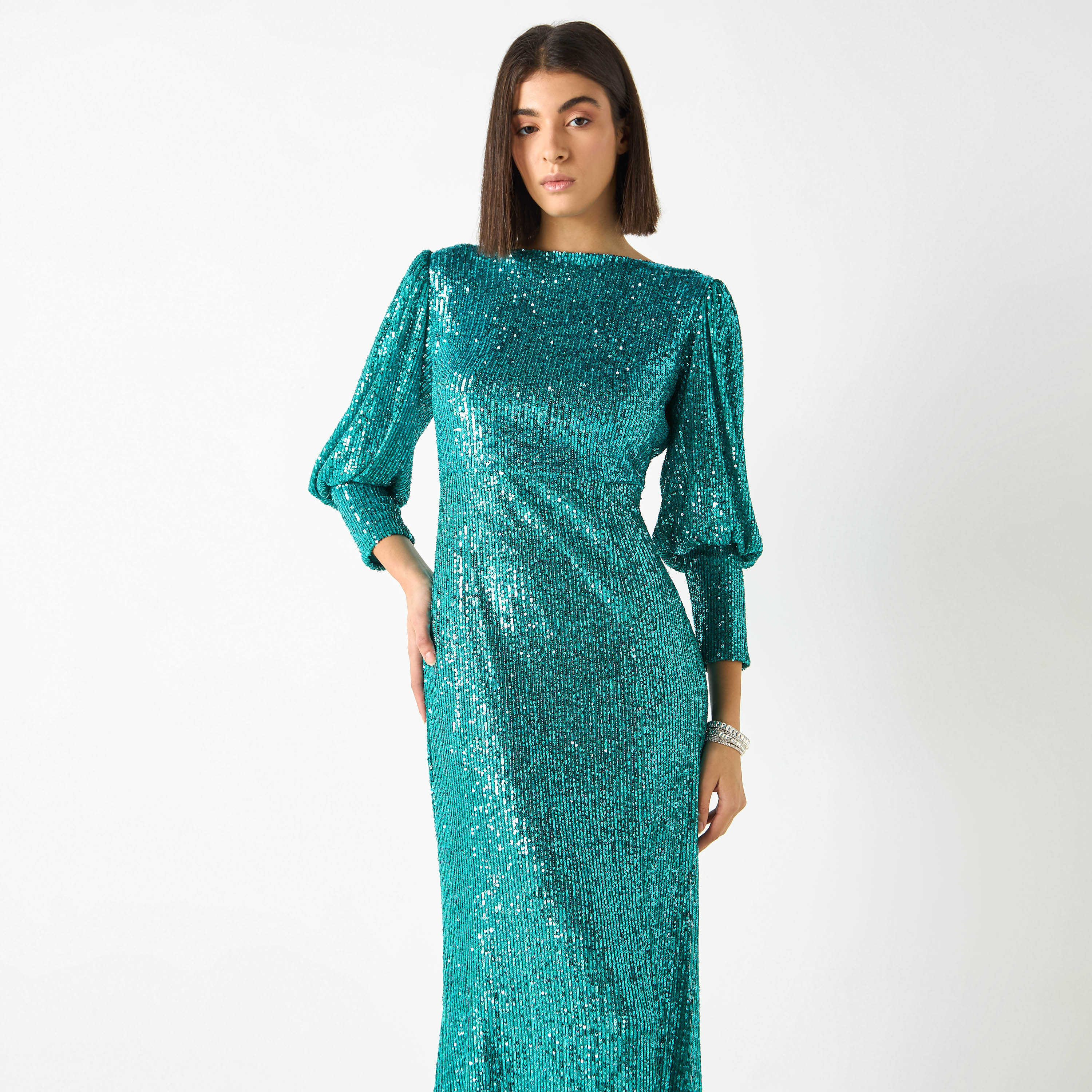 فستان مزين بأكمام منفوخة وتفاصيل فتحة من جولدن أبل-women-clothing-dresses-image-3