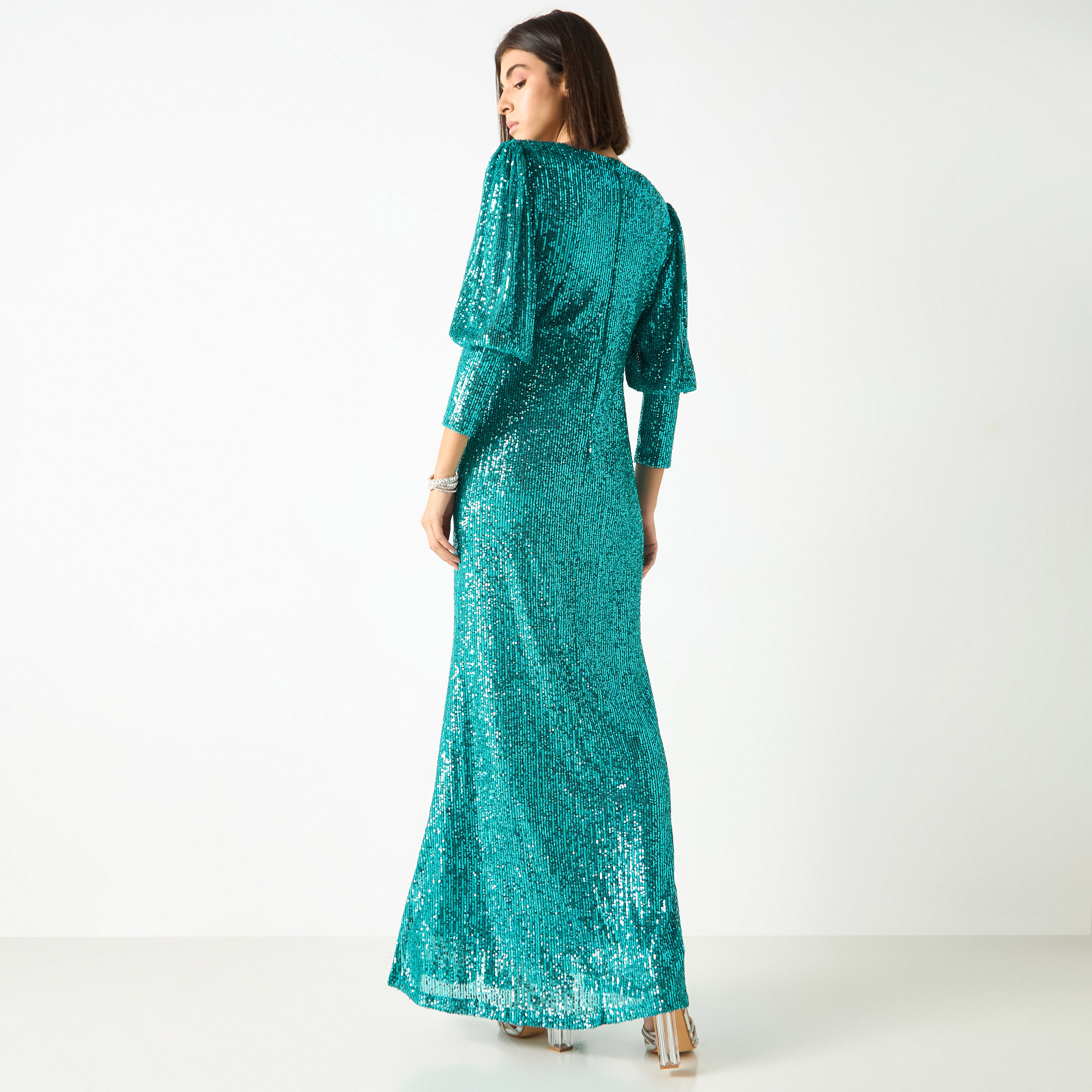 فستان مزين بأكمام منفوخة وتفاصيل فتحة من جولدن أبل-women-clothing-dresses-image-4