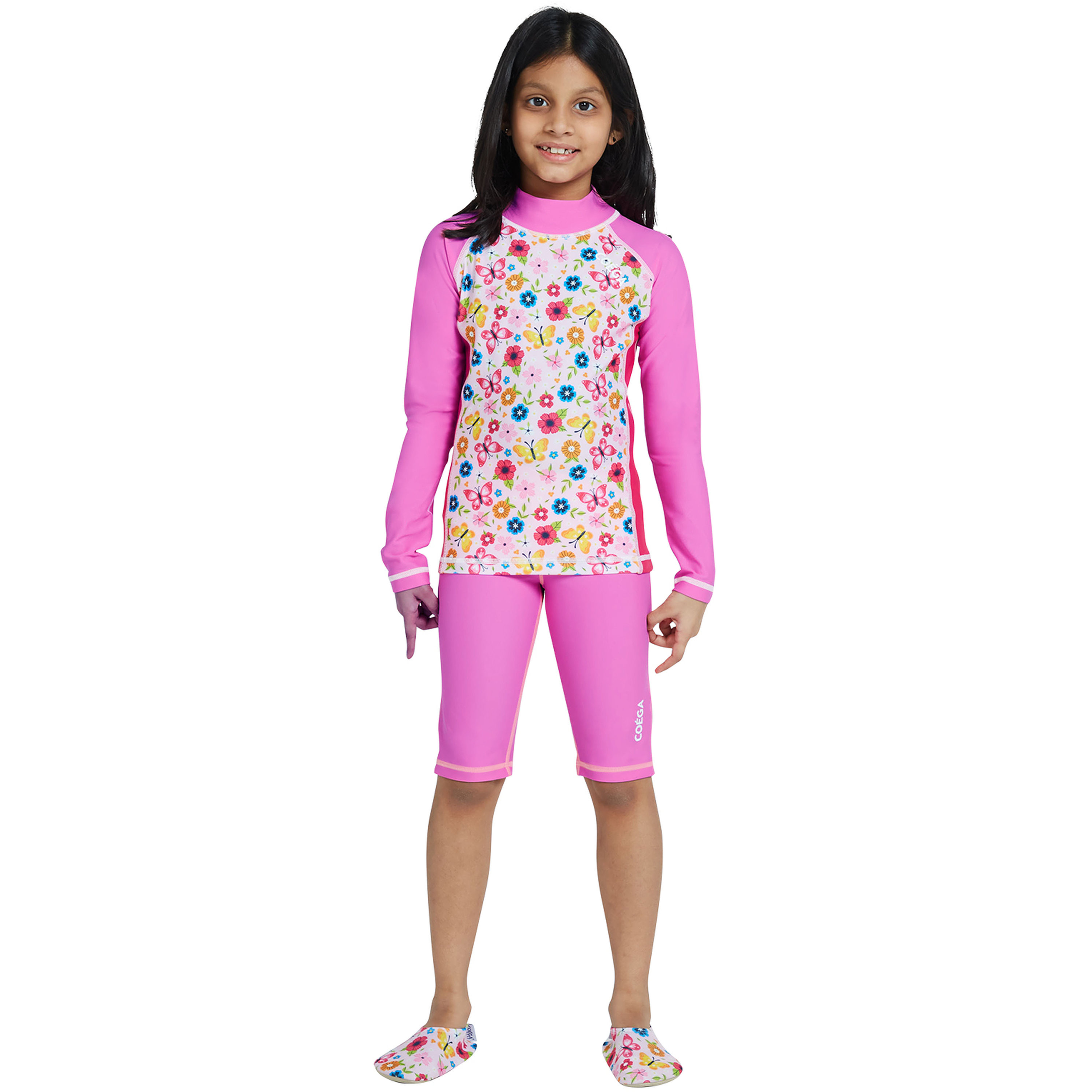 شورتات السباحة الطويلة من فتيات كويغا - زهور وردية وردية-sports-girls-clothing-swimwear-image-2