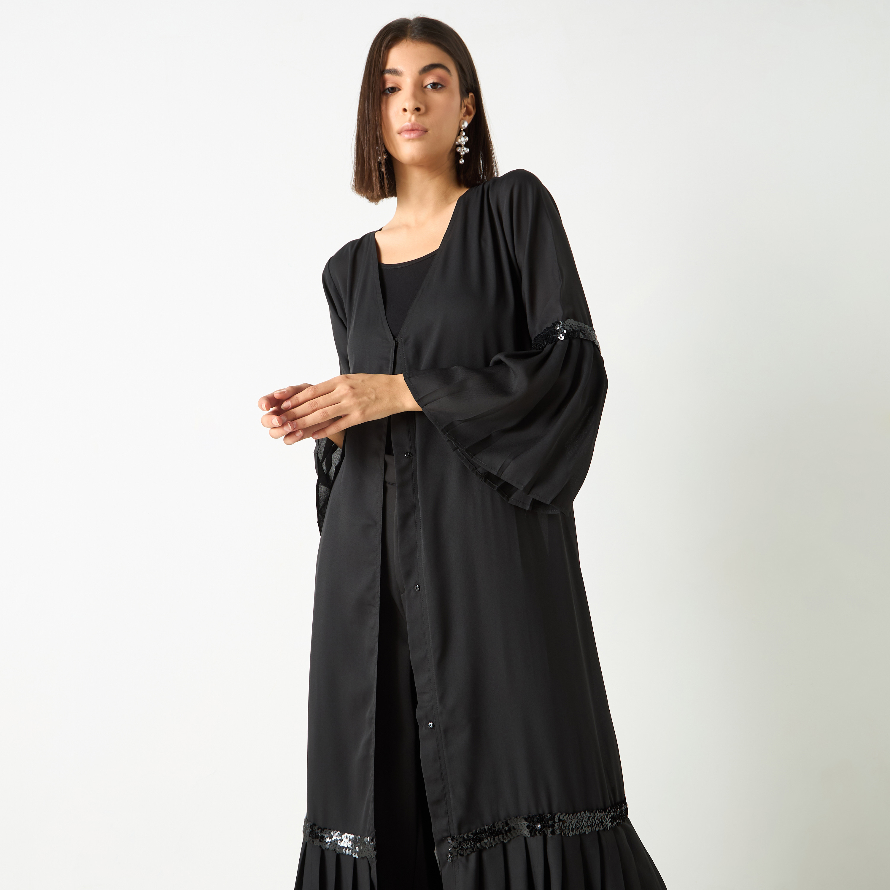 Golden Apple Embellished Detail Longline Shrug with Bell Sleeves-women-clothing-dresses-image-3