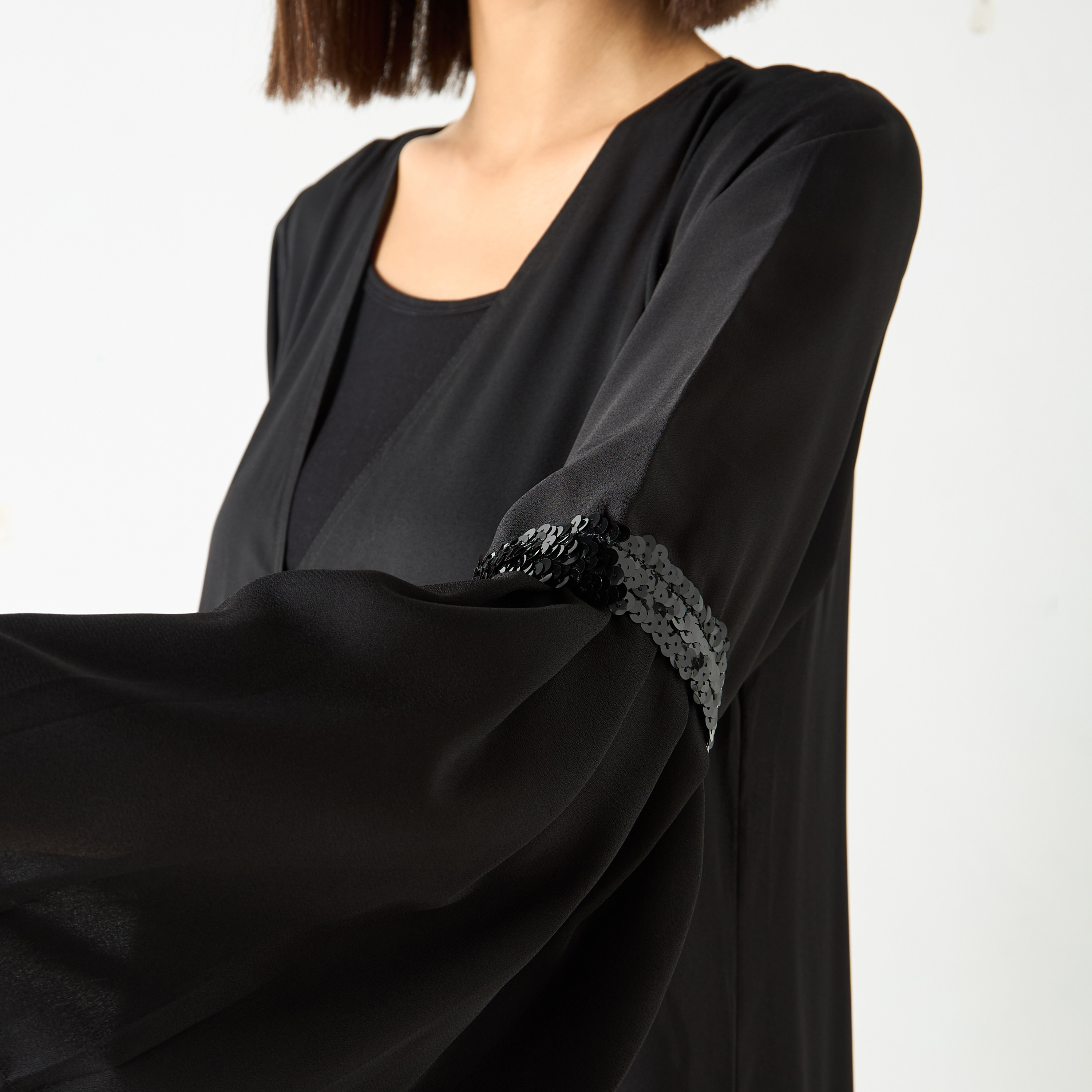 Golden Apple Embellished Detail Longline Shrug with Bell Sleeves-women-clothing-dresses-image-5