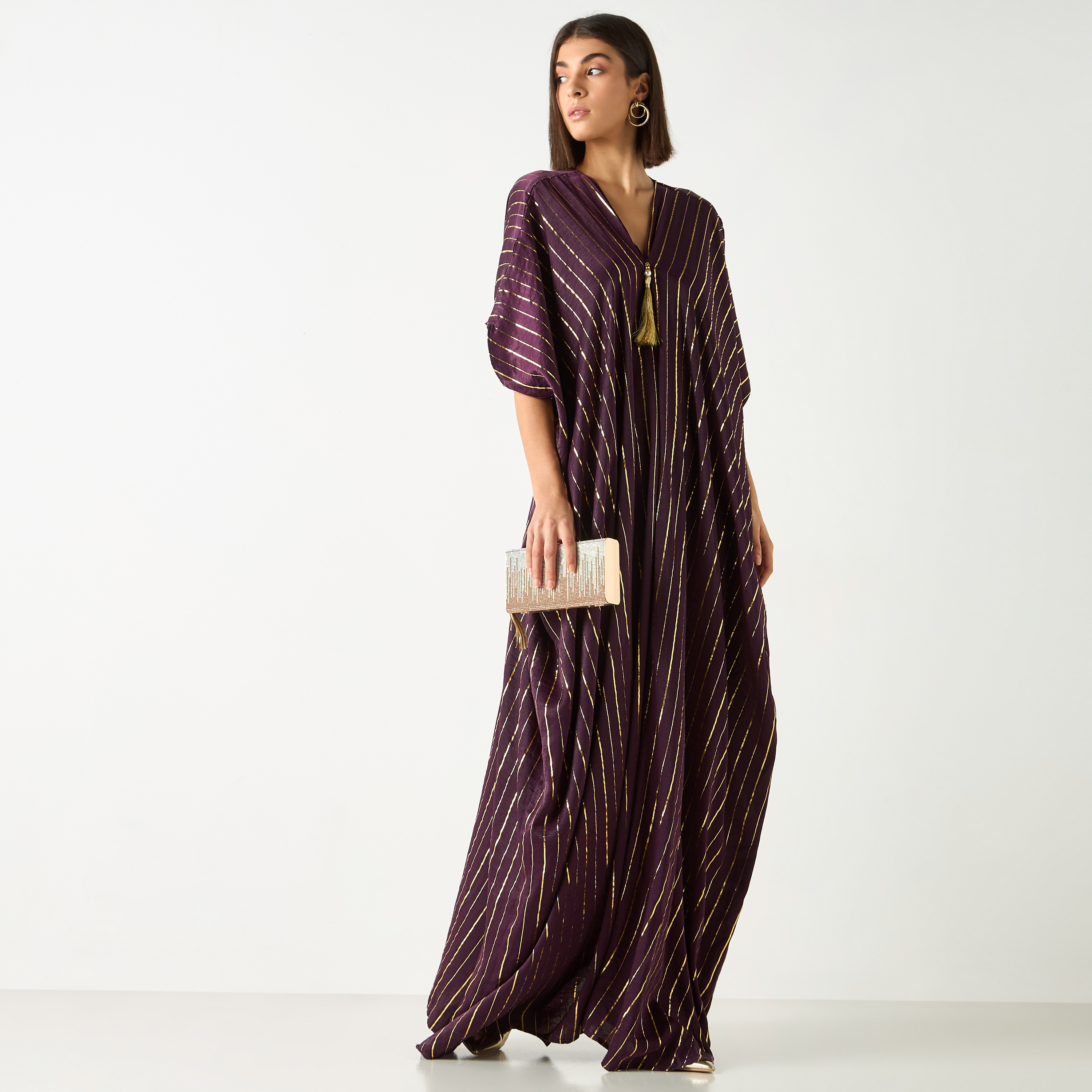 Golden Apple Striped V-neck Kaftan Dress with Tie-Up Belt-women-clothing-dresses-image-1