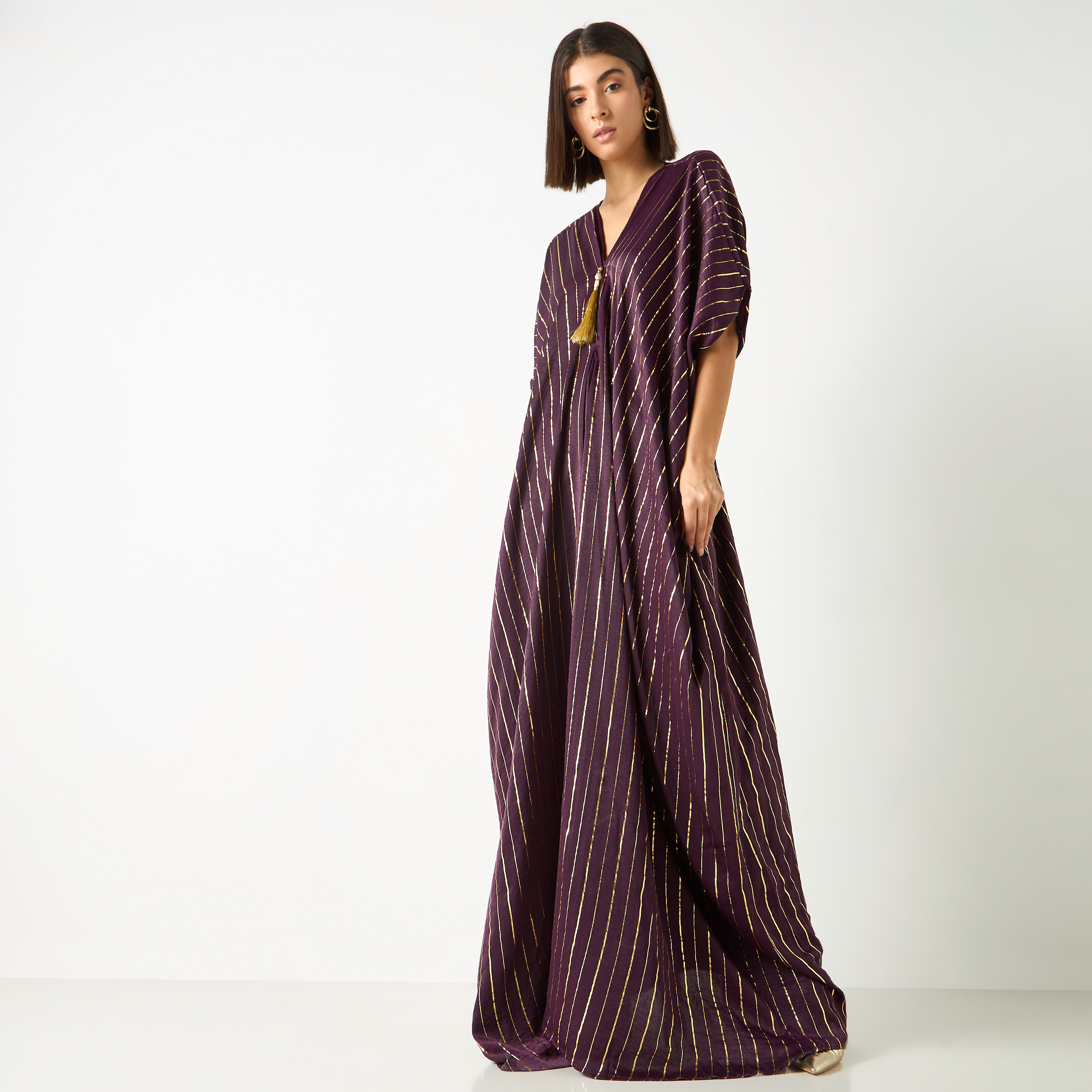 Golden Apple Striped V-neck Kaftan Dress with Tie-Up Belt-women-clothing-dresses-image-2