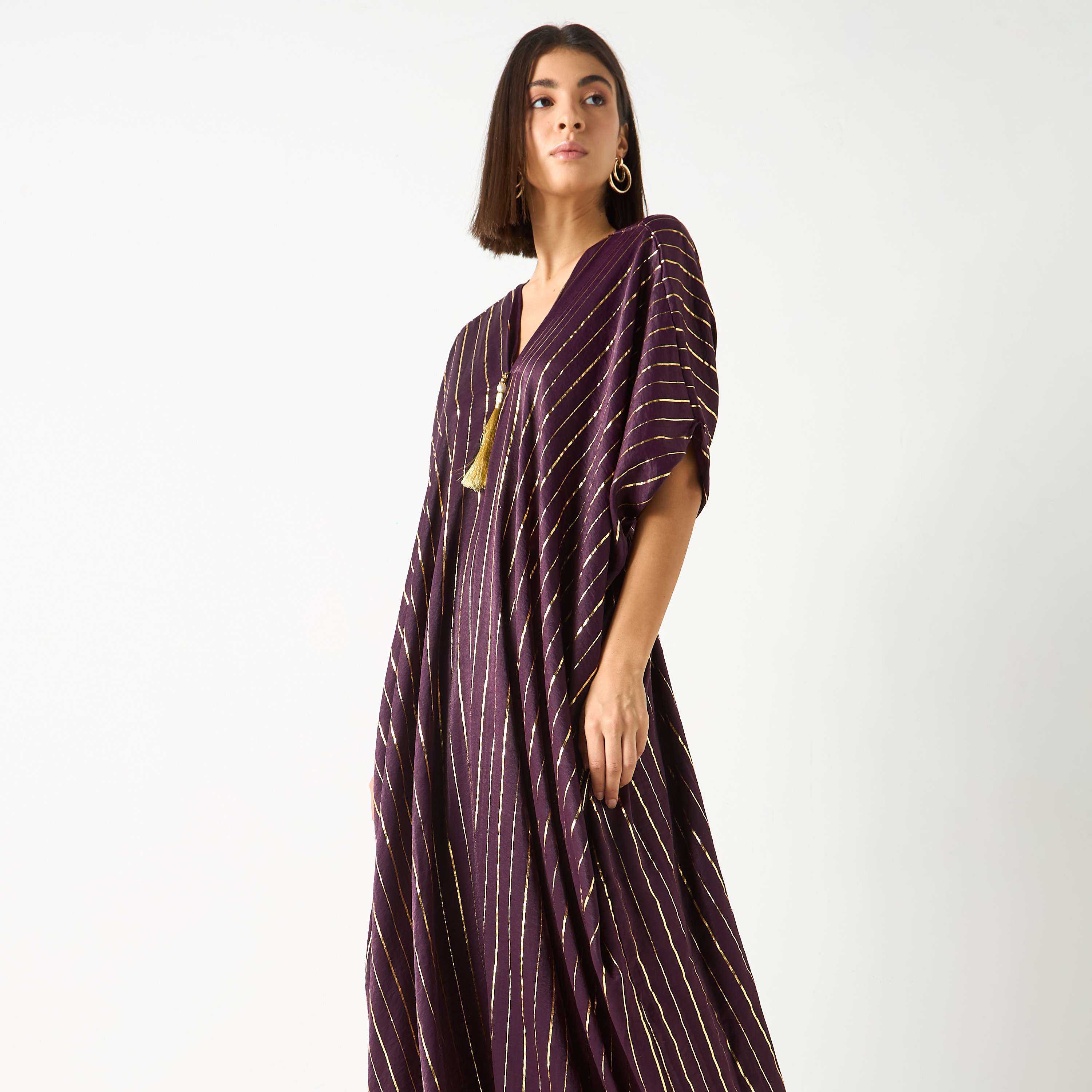 Golden Apple Striped V-neck Kaftan Dress with Tie-Up Belt-women-clothing-dresses-image-3