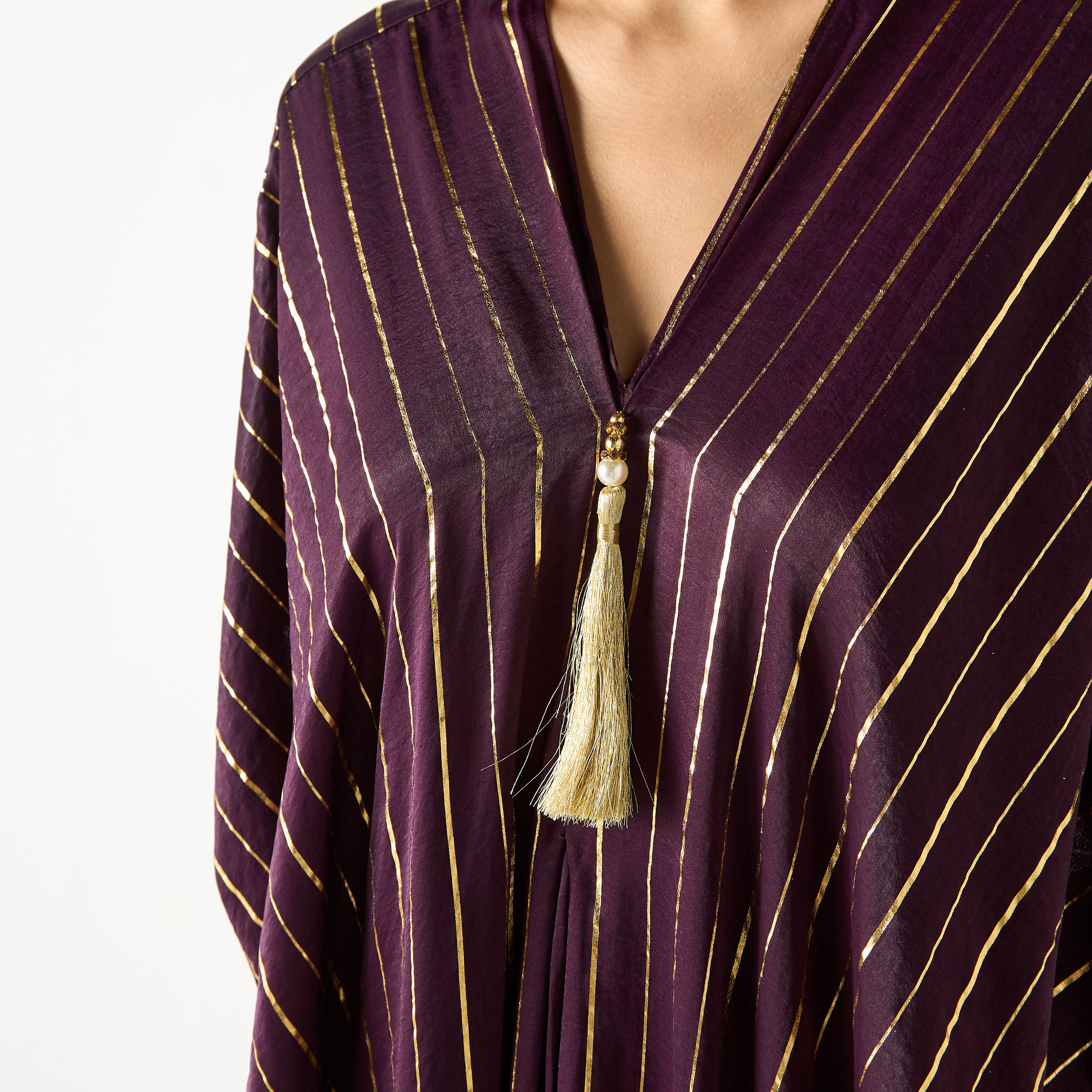 Golden Apple Striped V-neck Kaftan Dress with Tie-Up Belt-women-clothing-dresses-image-5