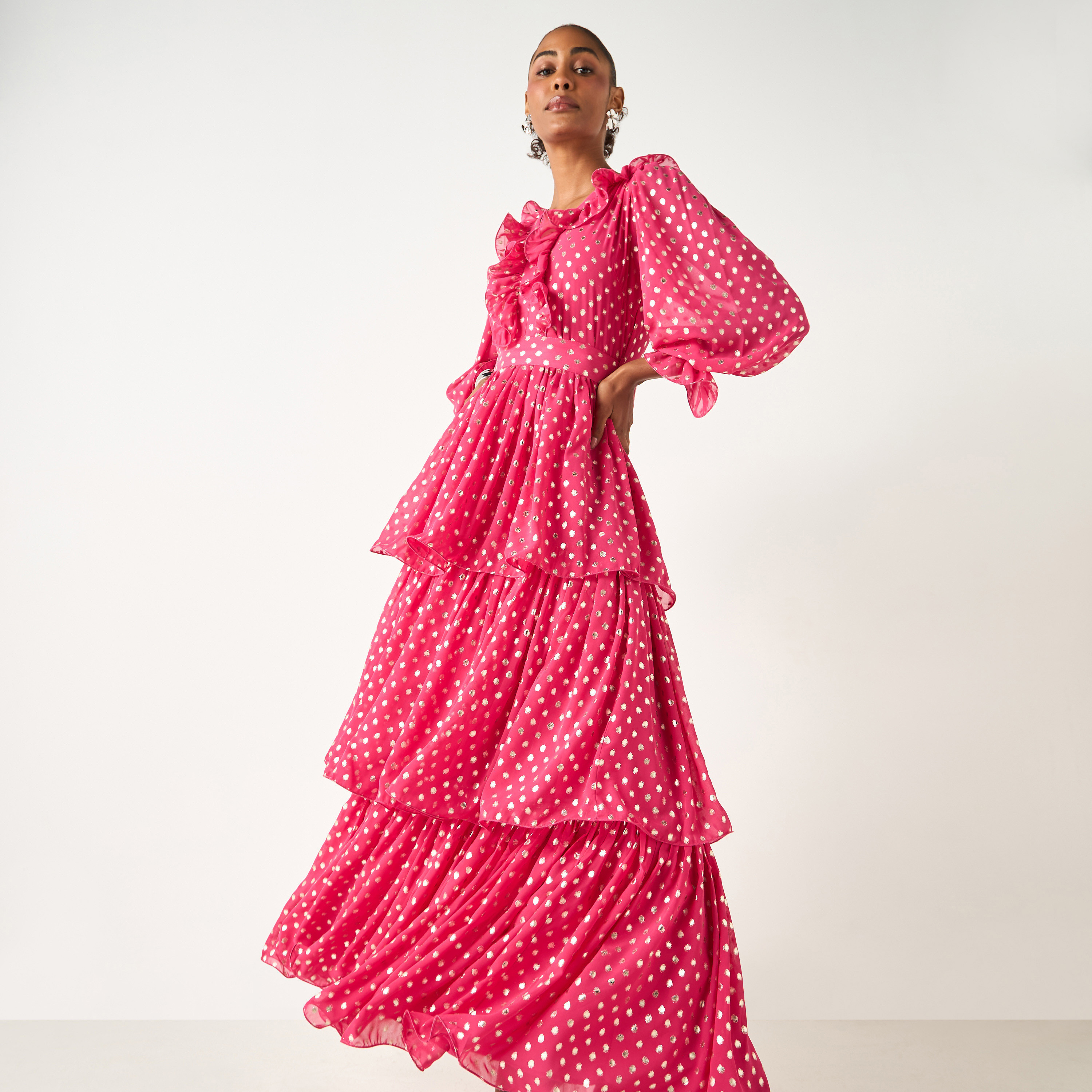 Golden Apple All-Over Polka Dot Detail Tiered Dress with Flounce Sleeves-women-clothing-dresses-image-1