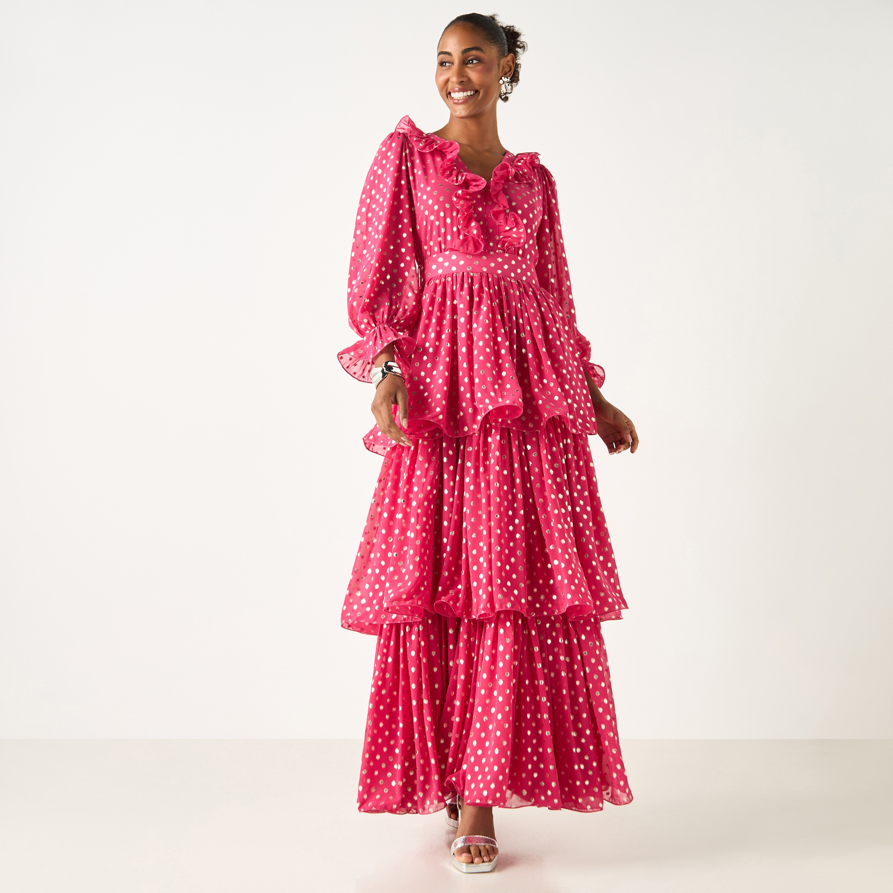 فستان متعدد التصاميم بأكمام واسعة وتفاصيل منقطة من جولدن أبل-women-clothing-dresses-image-2