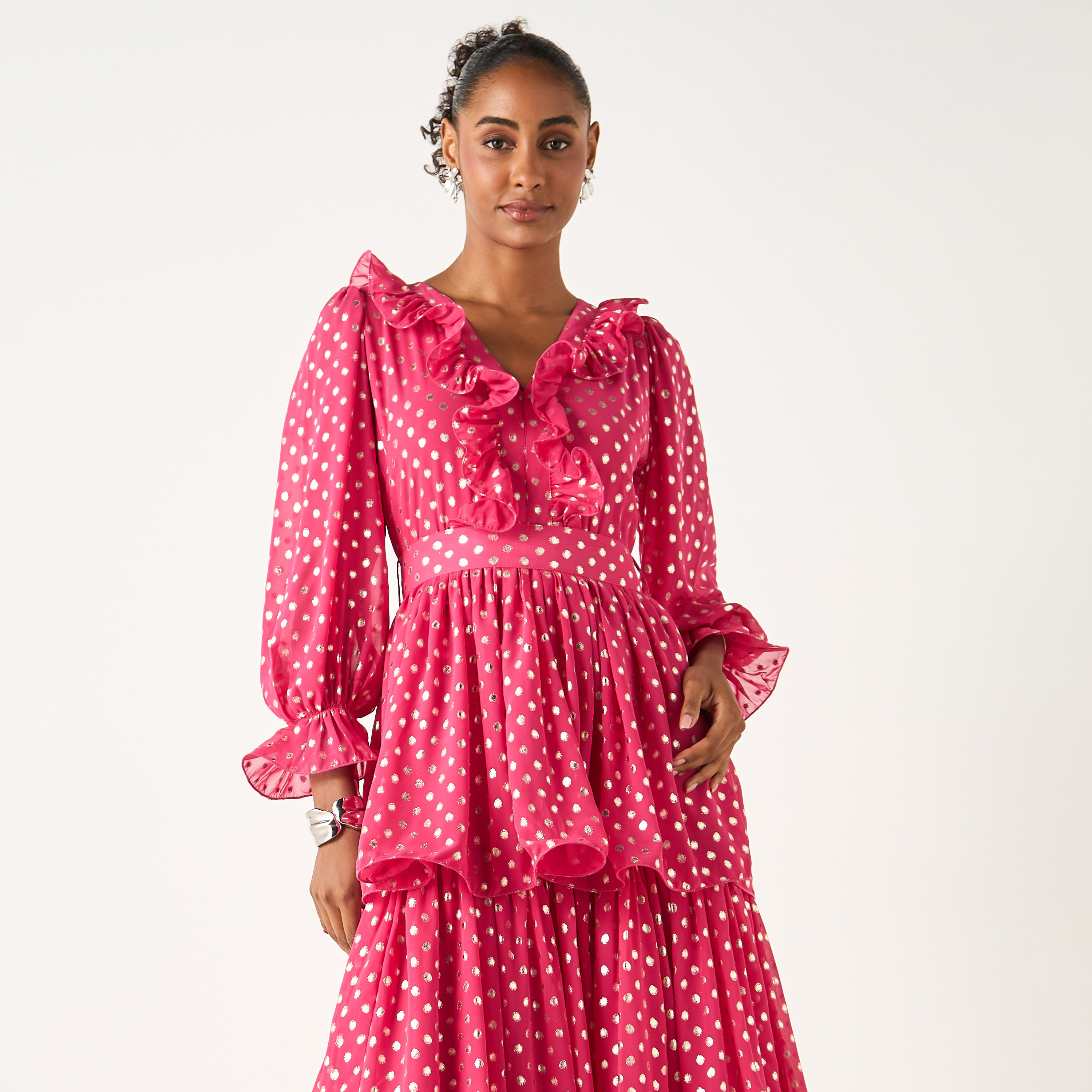 Golden Apple All-Over Polka Dot Detail Tiered Dress with Flounce Sleeves-women-clothing-dresses-image-3
