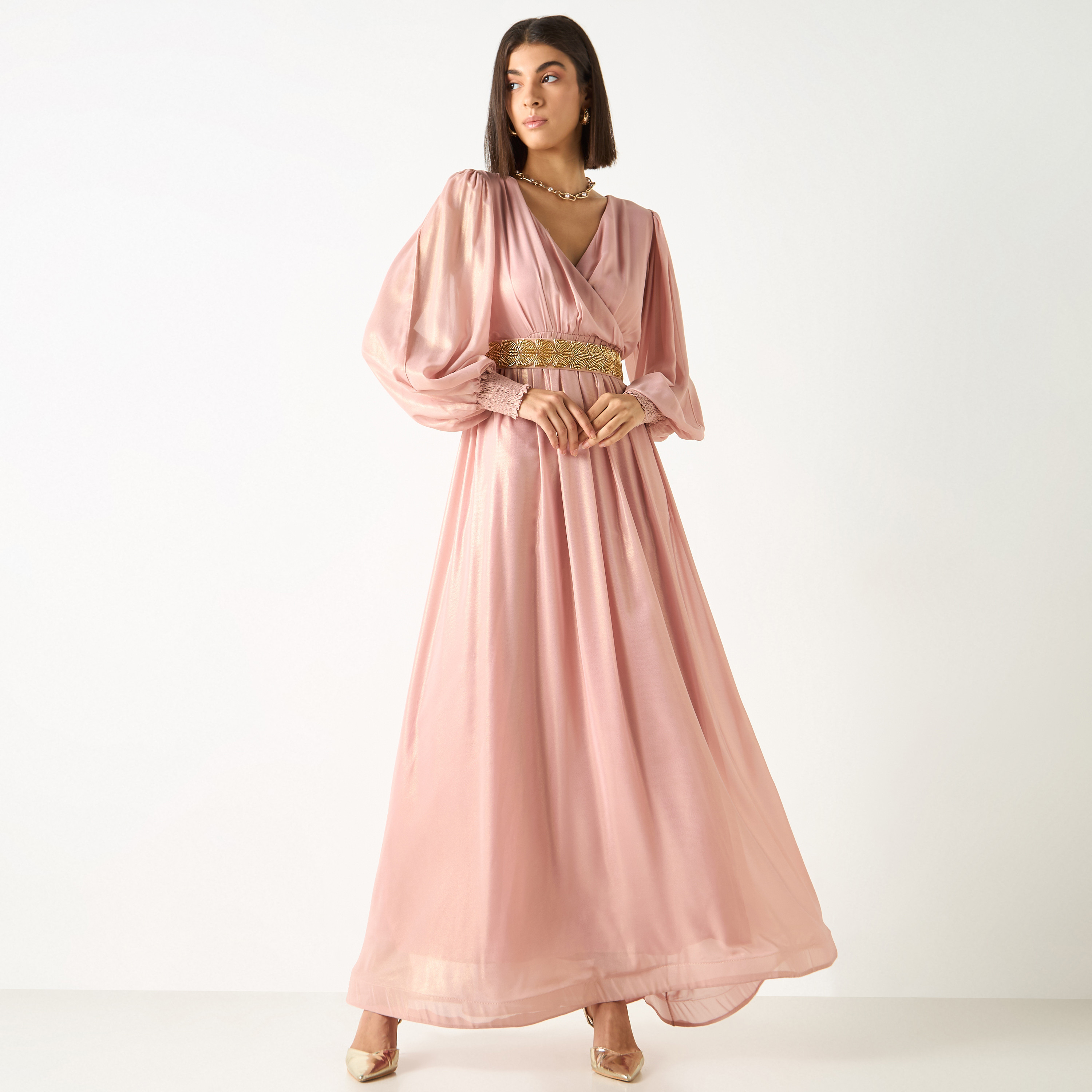 Golden Apple Solid V-neck Dress with Volume Sleeves and Belt-women-clothing-dresses-image-1