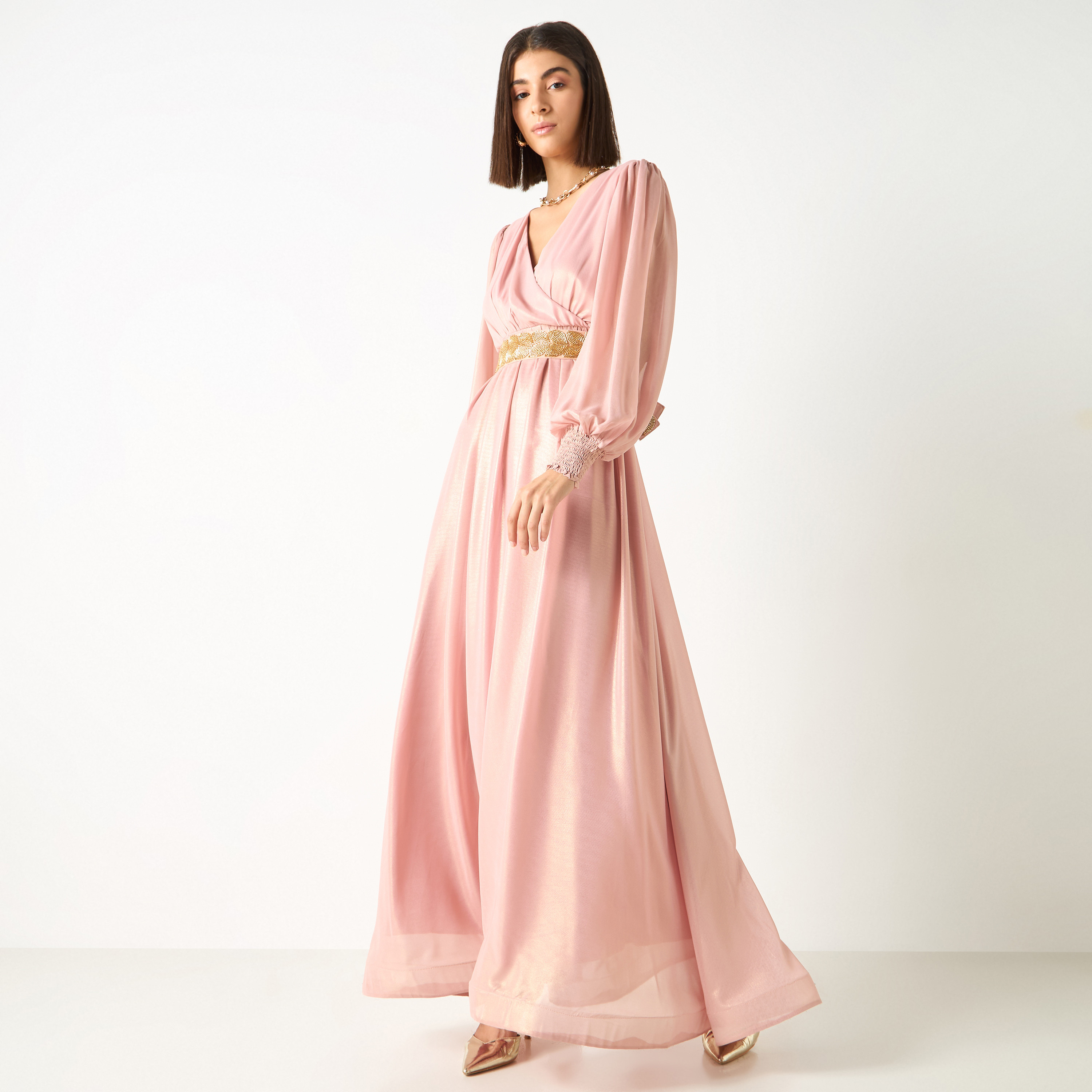 Golden Apple Solid V-neck Dress with Volume Sleeves and Belt-women-clothing-dresses-image-2