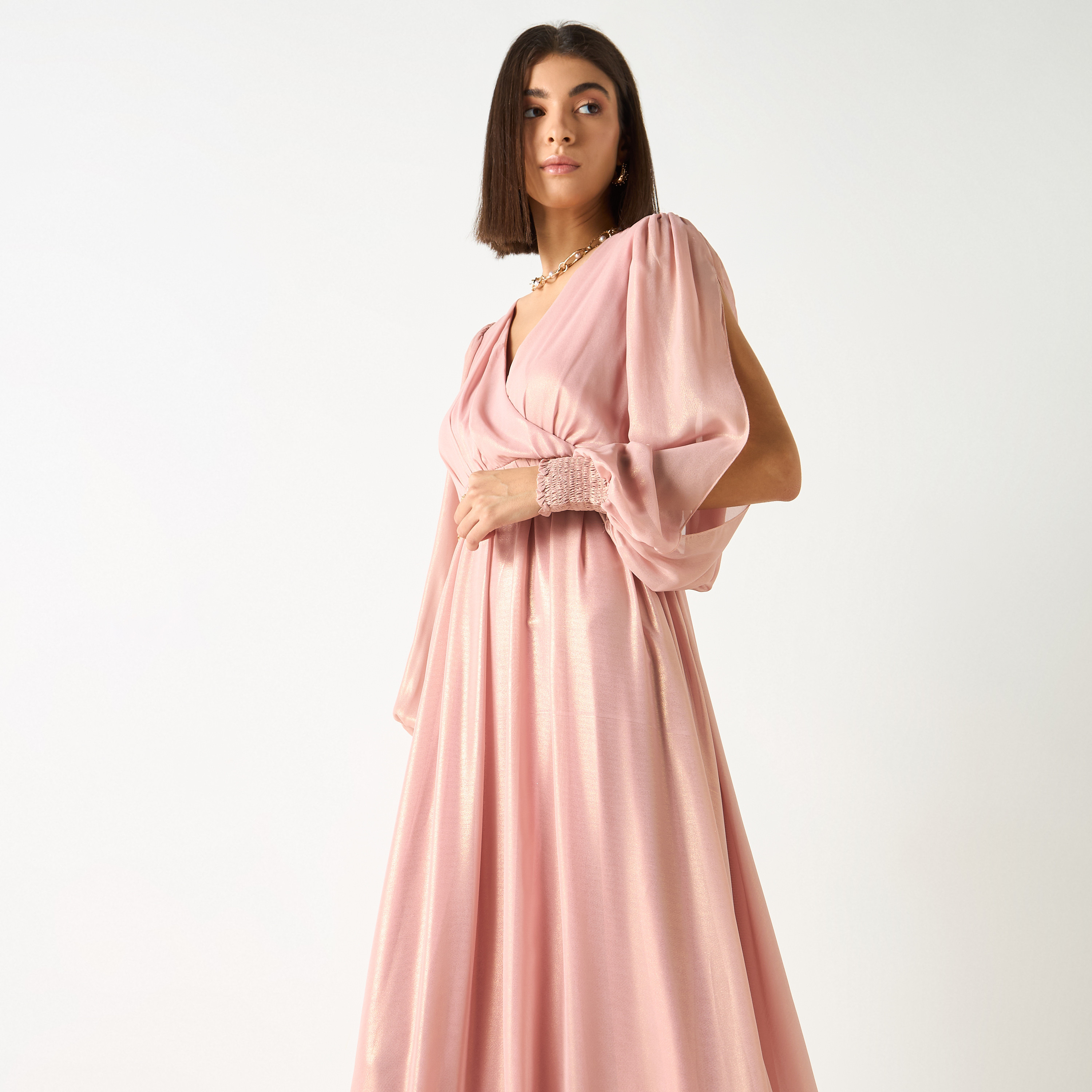Golden Apple Solid V-neck Dress with Volume Sleeves and Belt-women-clothing-dresses-image-3