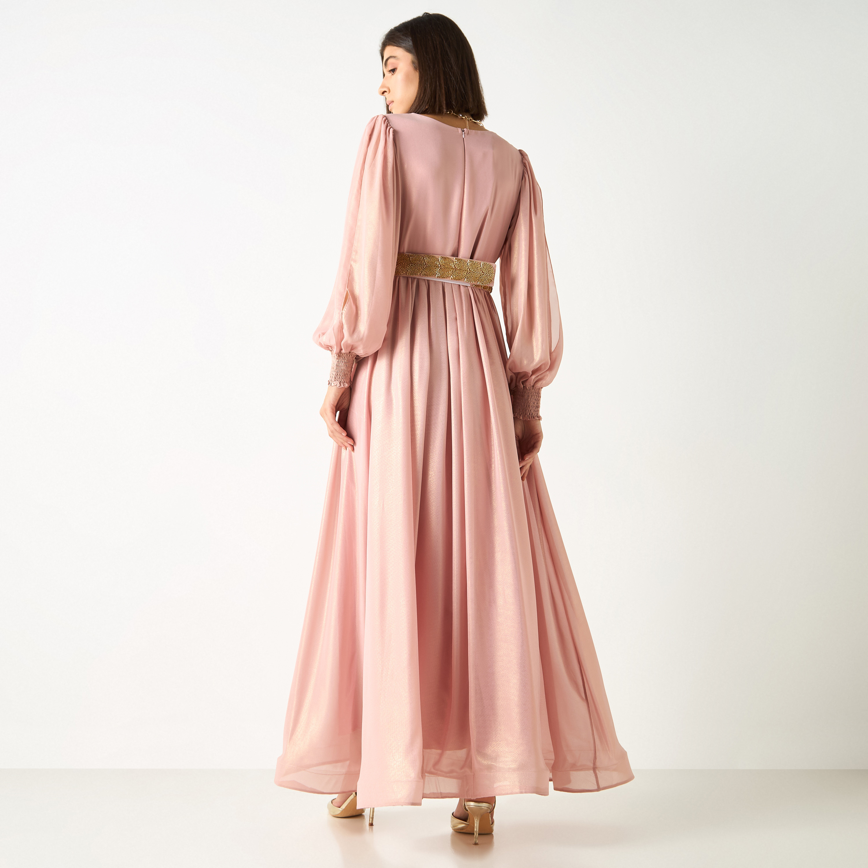 Golden Apple Solid V-neck Dress with Volume Sleeves and Belt-women-clothing-dresses-image-4