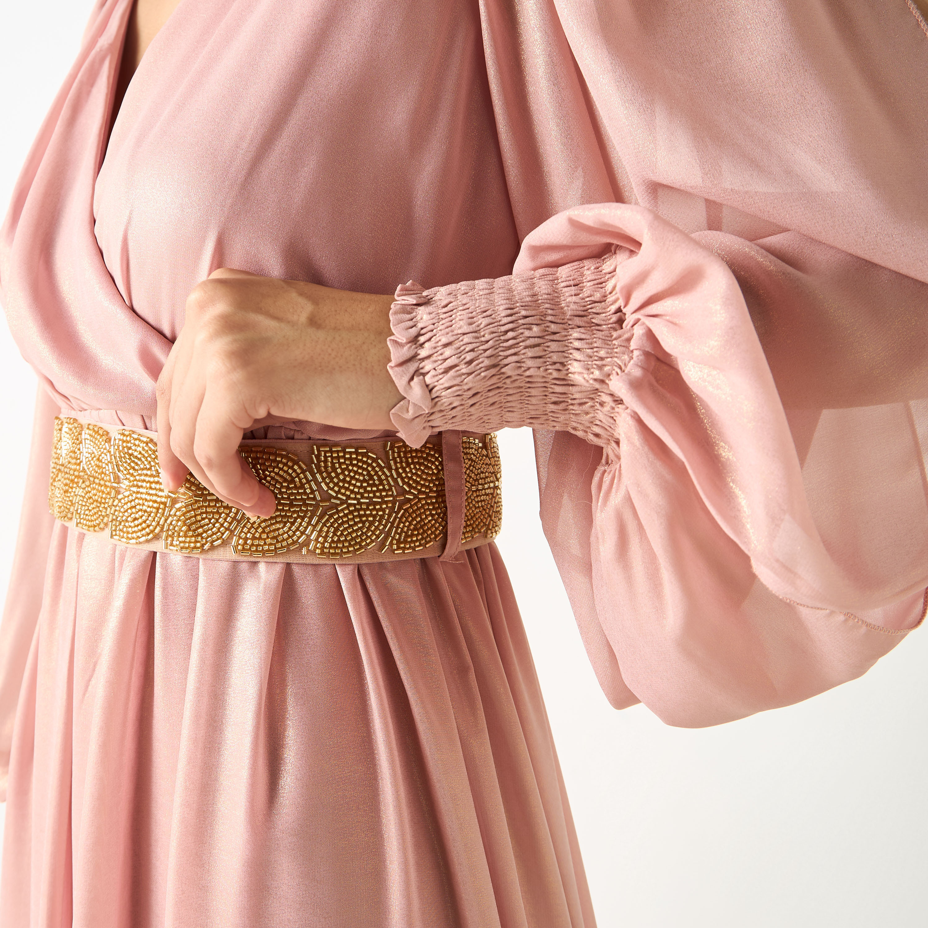 Golden Apple Solid V-neck Dress with Volume Sleeves and Belt-women-clothing-dresses-image-5