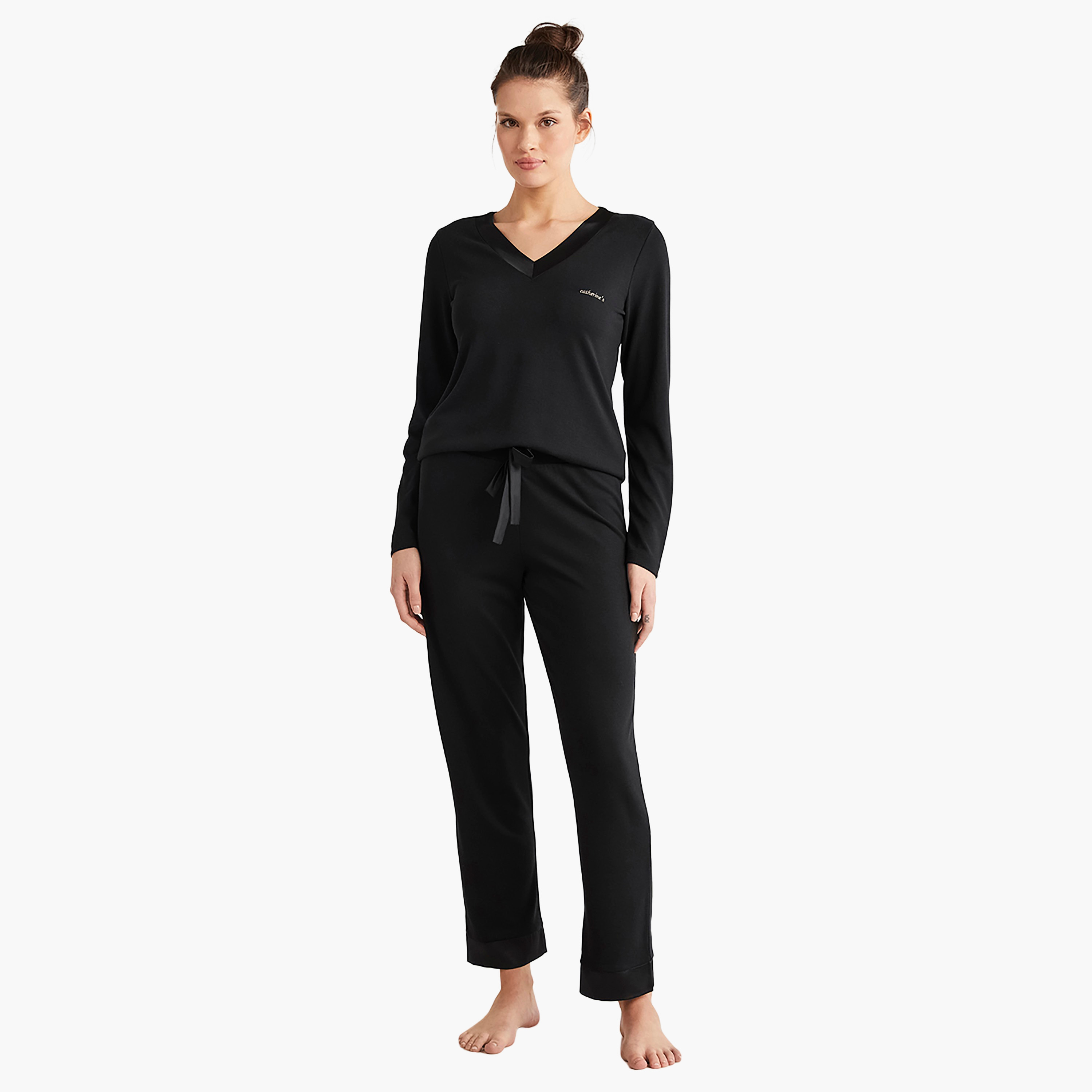 Catherine's Pyjama Set with Plain V-Neck T-Shirt and Women's Pyjama-women-clothing-nightwear-pyjamas-longsets-image-1