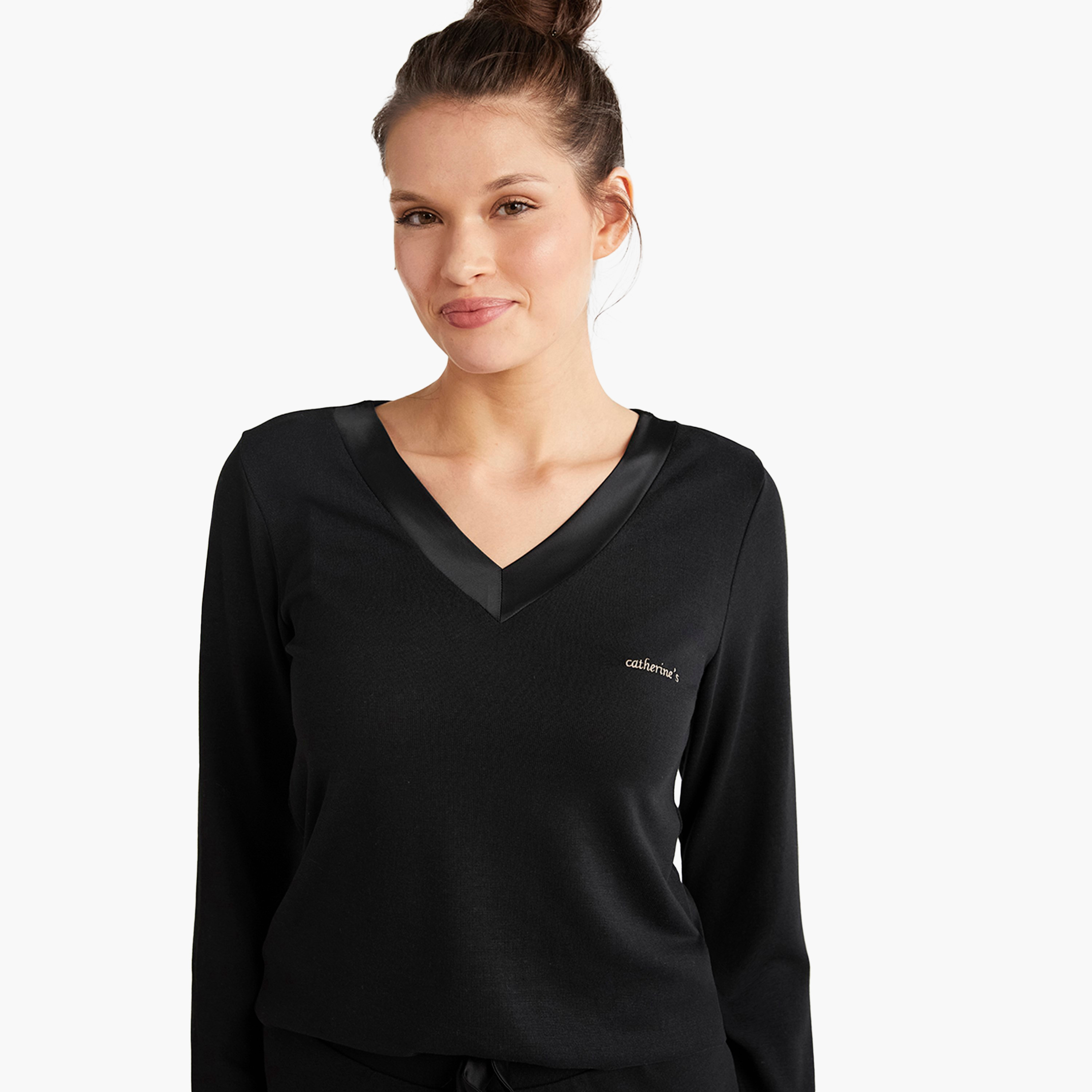 Catherine's Pyjama Set with Plain V-Neck T-Shirt and Women's Pyjama-women-clothing-nightwear-pyjamas-longsets-image-2