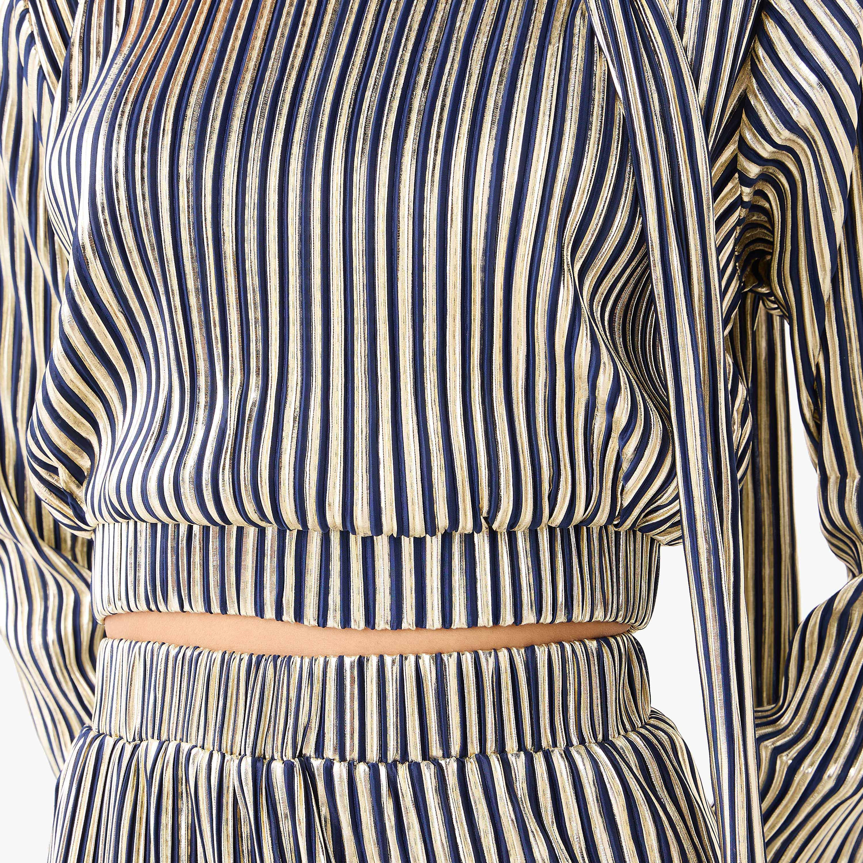 طقم نسائي مكون من بلوزة بياقة تربط وبنطلون بتصميم مخطط من غولدن أبل-women-clothing-coordsets-image-2