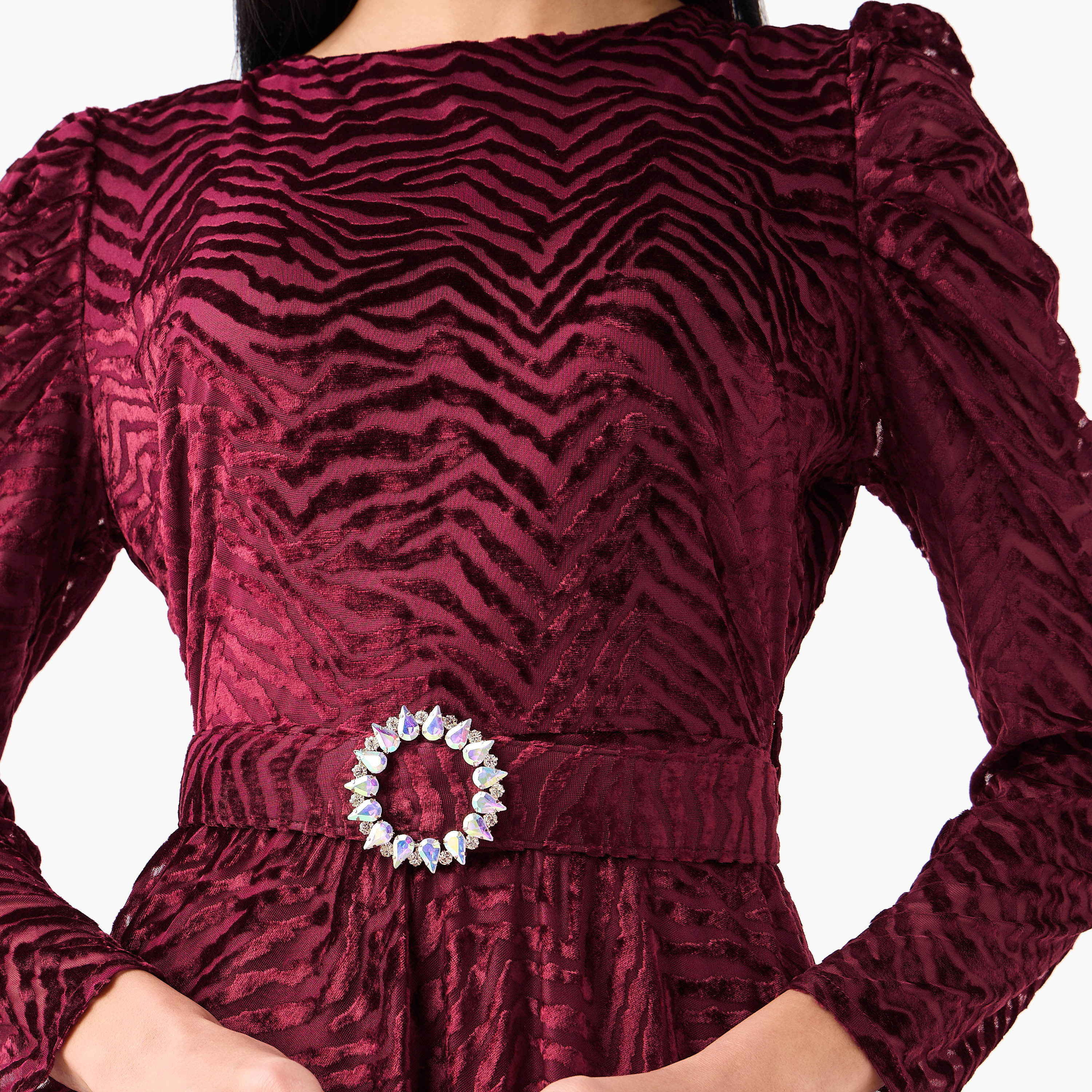Golden Apple Maroon Textured Puff Sleeves Fit & Flared Women's Evening Maxi Dress-women-clothing-dresses-image-2