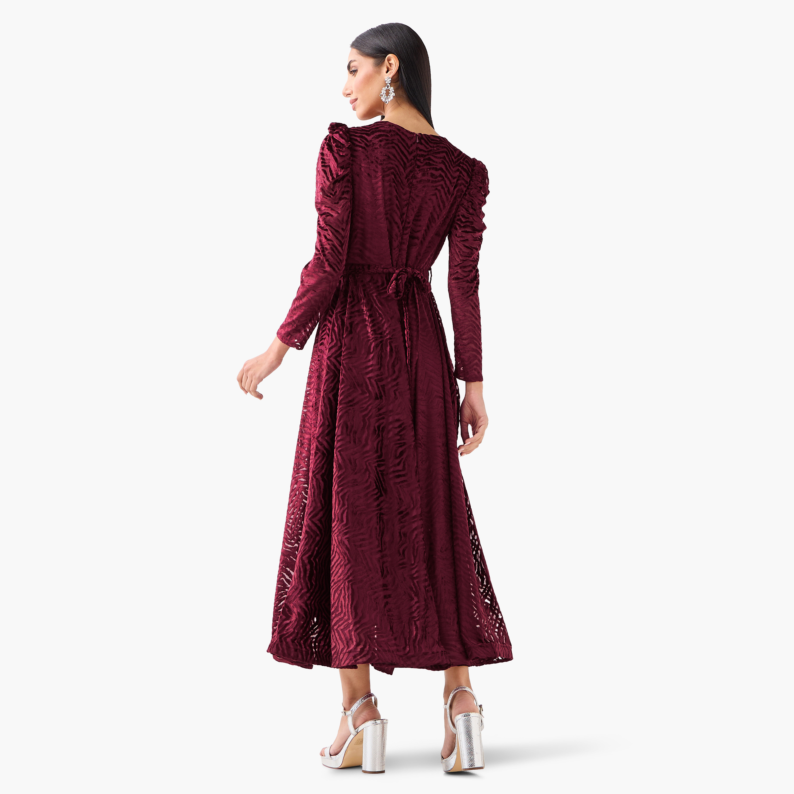 Golden Apple Maroon Textured Puff Sleeves Fit & Flared Women's Evening Maxi Dress-women-clothing-dresses-image-4