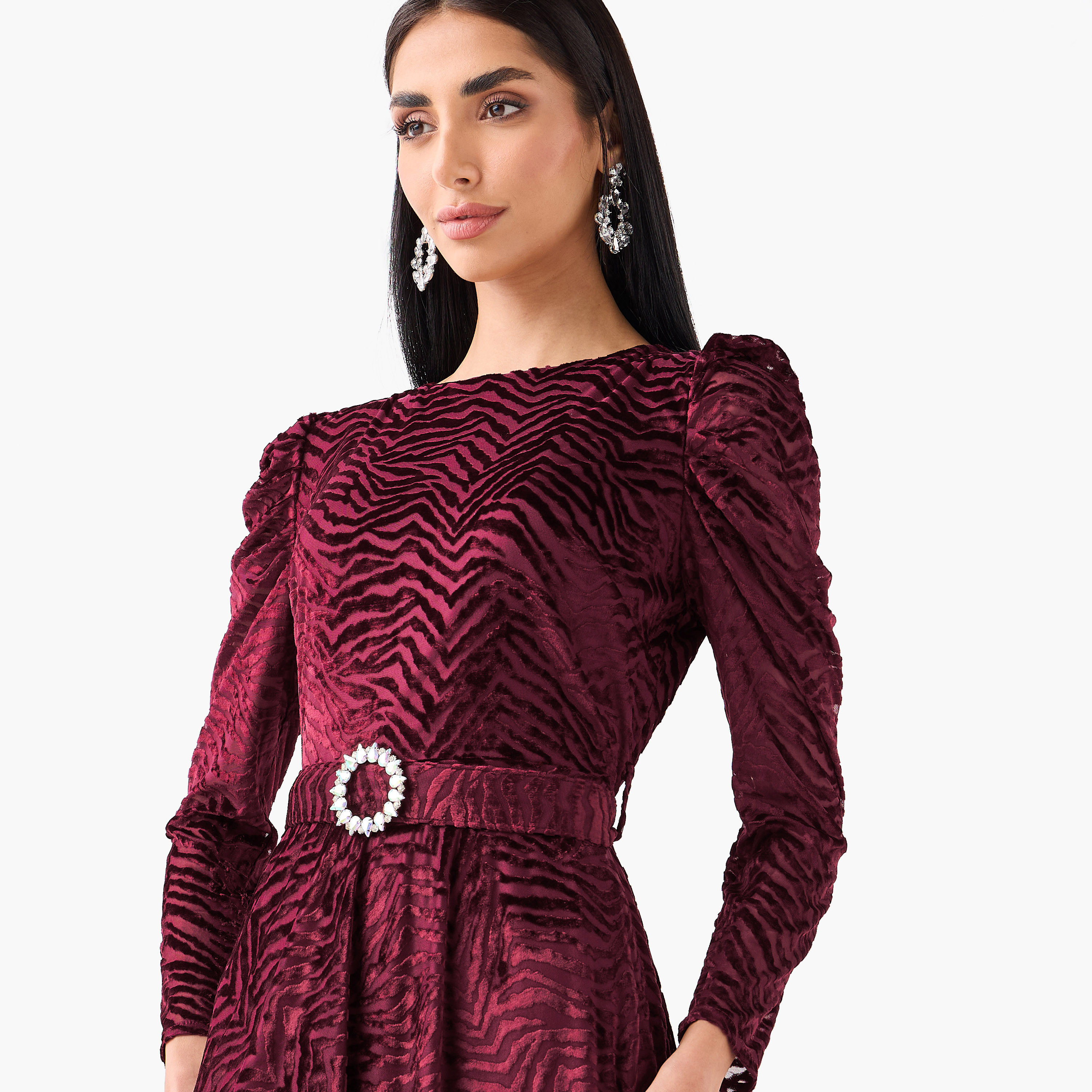 Golden Apple Maroon Textured Puff Sleeves Fit & Flared Women's Evening Maxi Dress-women-clothing-dresses-image-5