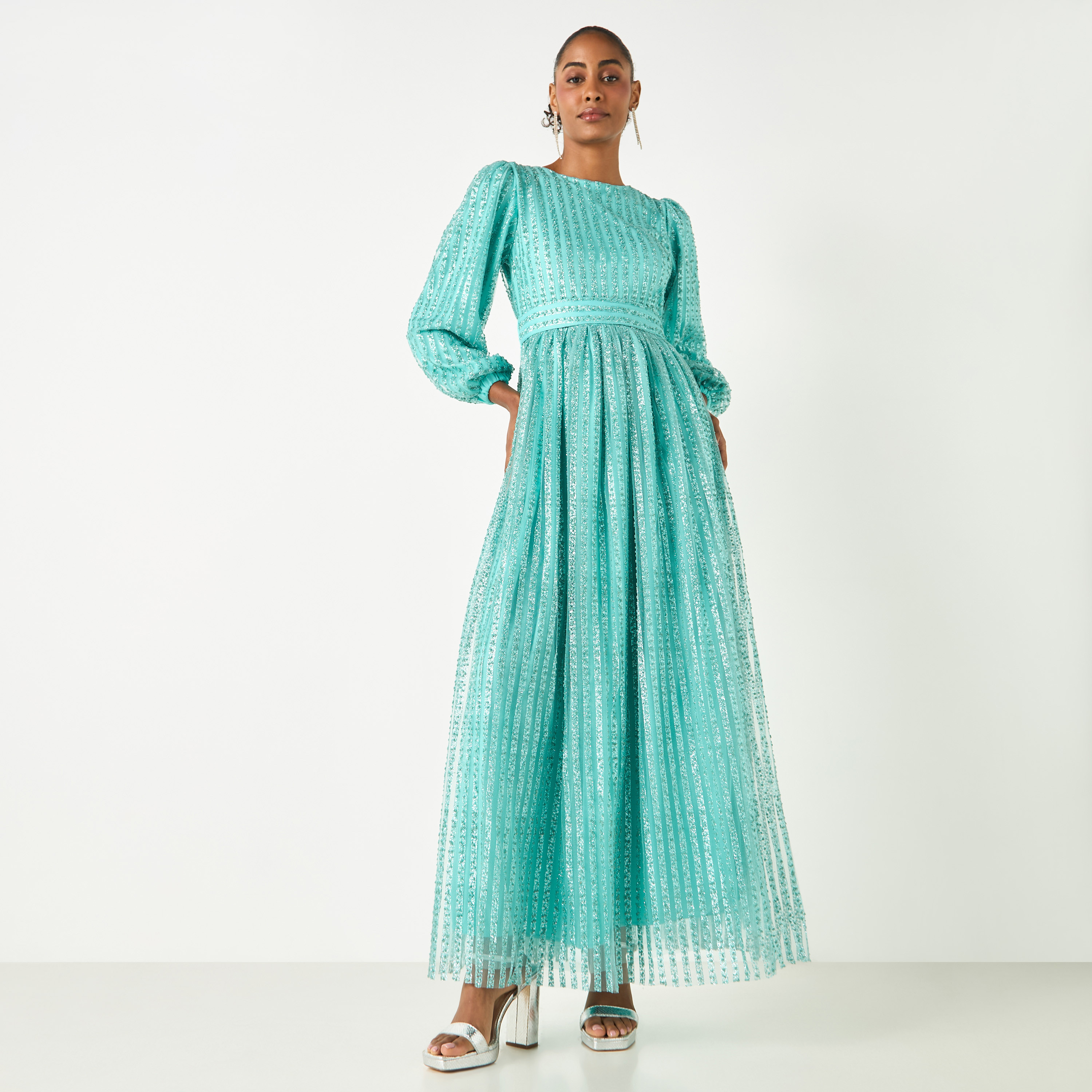 Golden Apple Textured Boat Neck Dress with Belt and Volume Sleeves-women-clothing-dresses-image-2