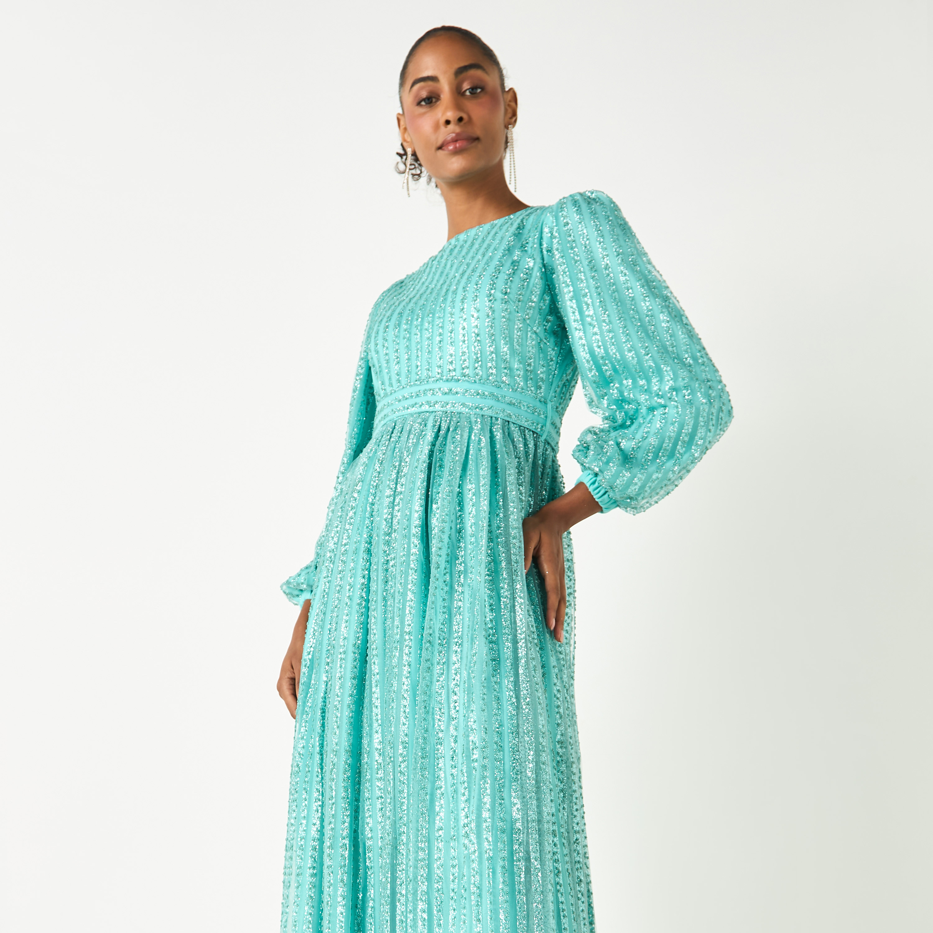 Golden Apple Textured Boat Neck Dress with Belt and Volume Sleeves-women-clothing-dresses-image-3