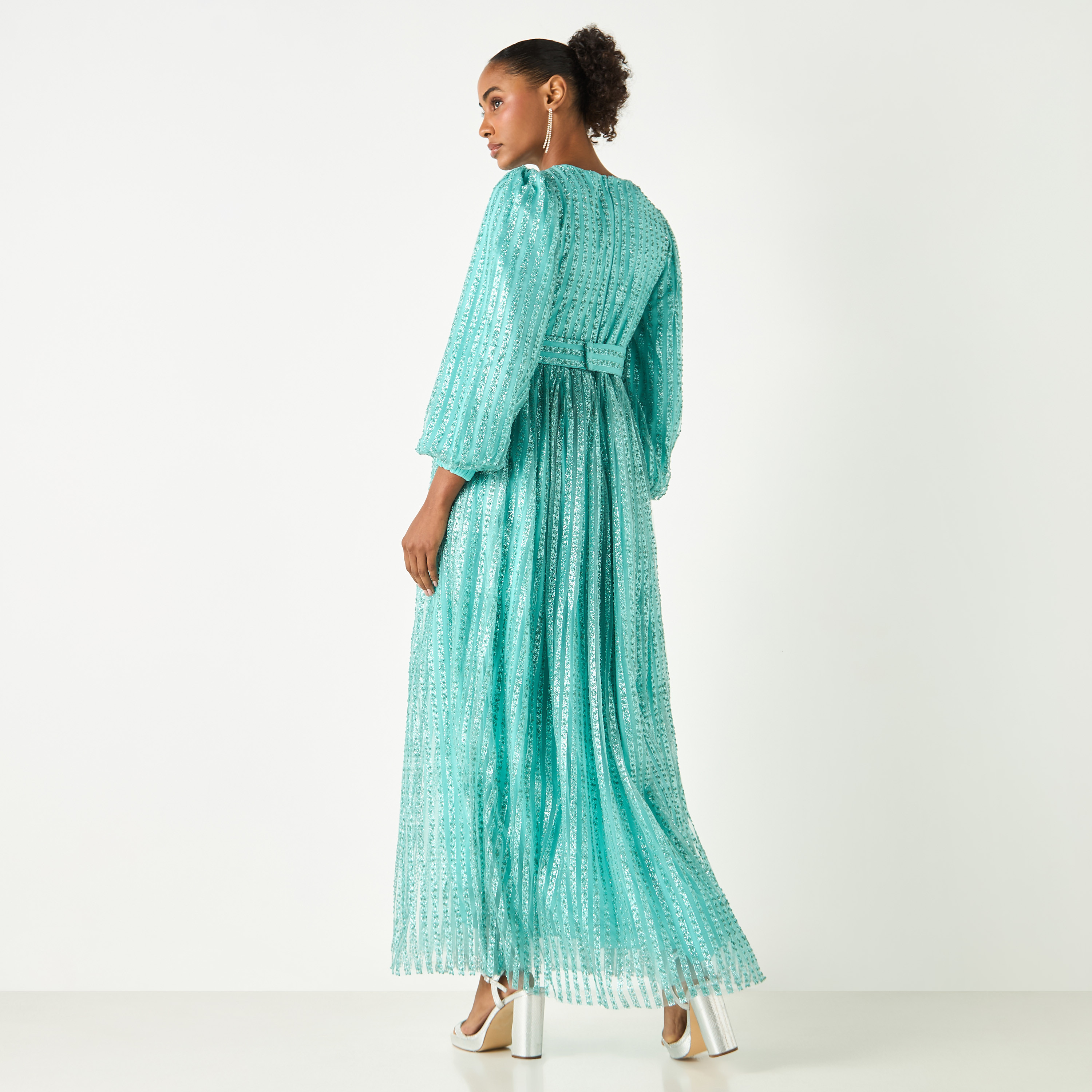 Golden Apple Textured Boat Neck Dress with Belt and Volume Sleeves-women-clothing-dresses-image-4