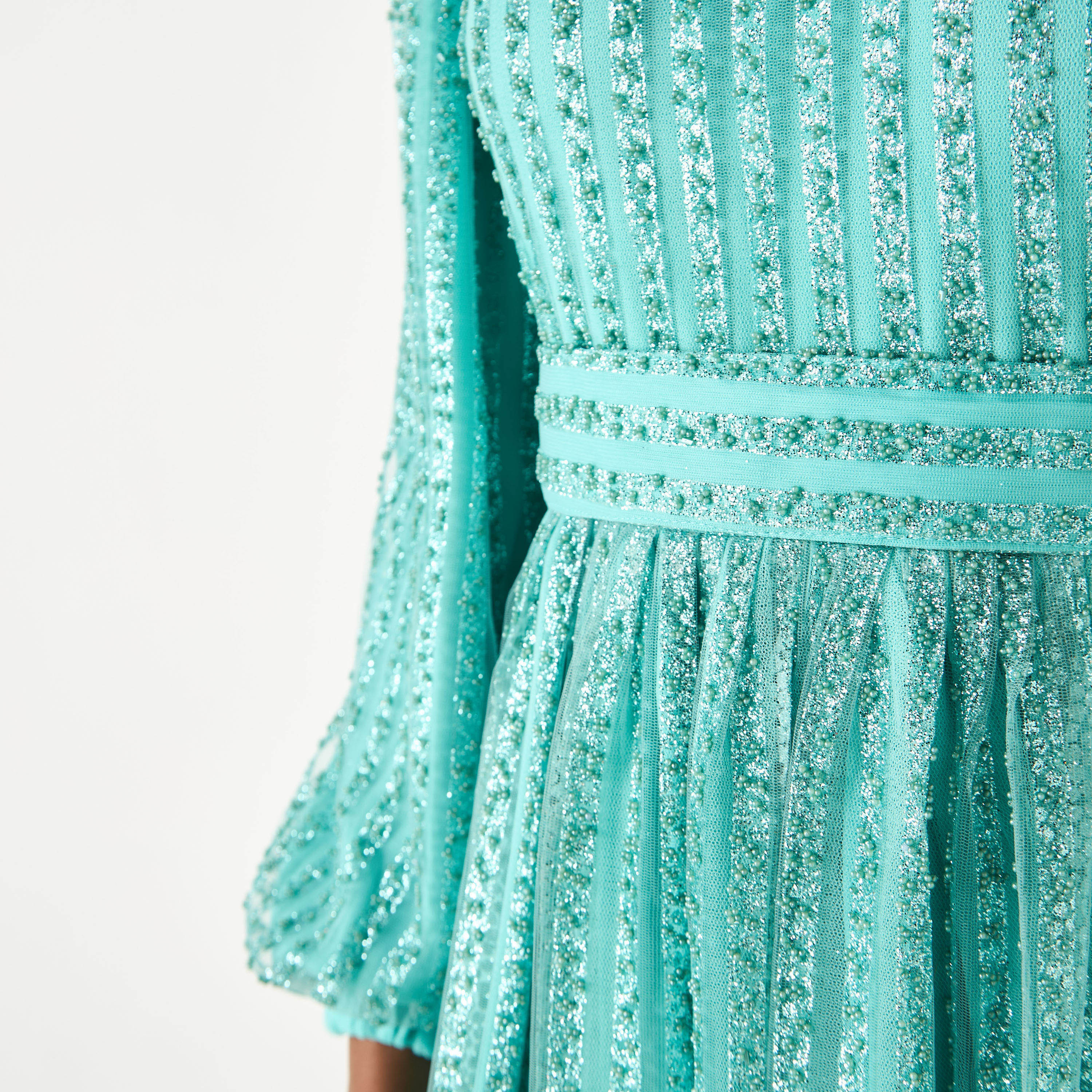Golden Apple Textured Boat Neck Dress with Belt and Volume Sleeves-women-clothing-dresses-image-5