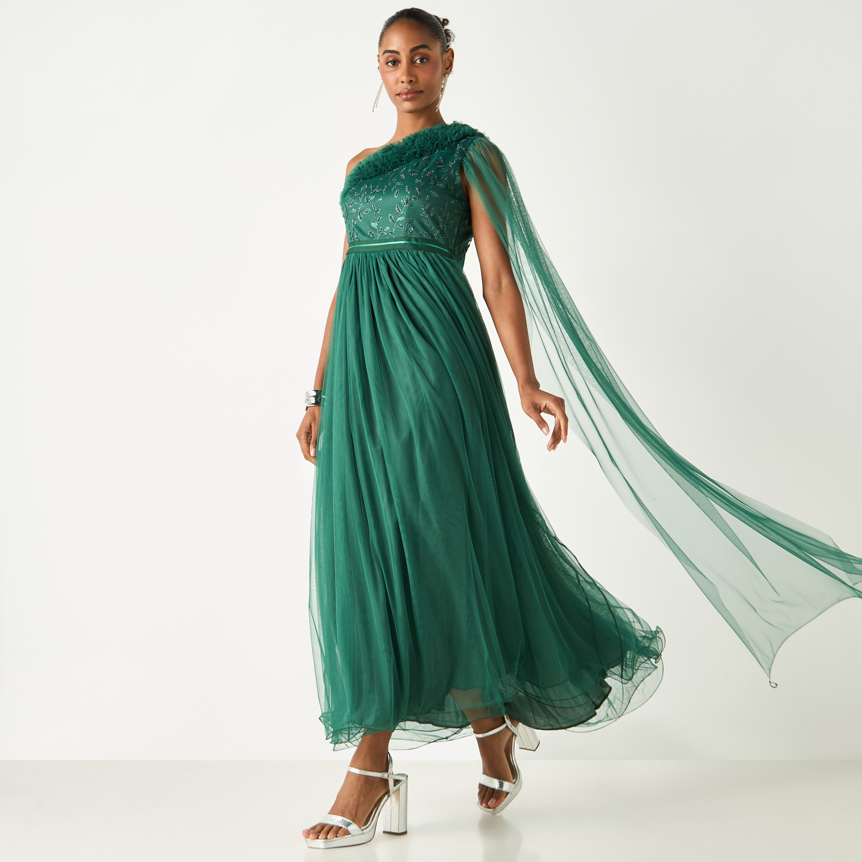 Golden Apple Embellished One Shoulder Dress with Ruffles-women-clothing-dresses-image-1