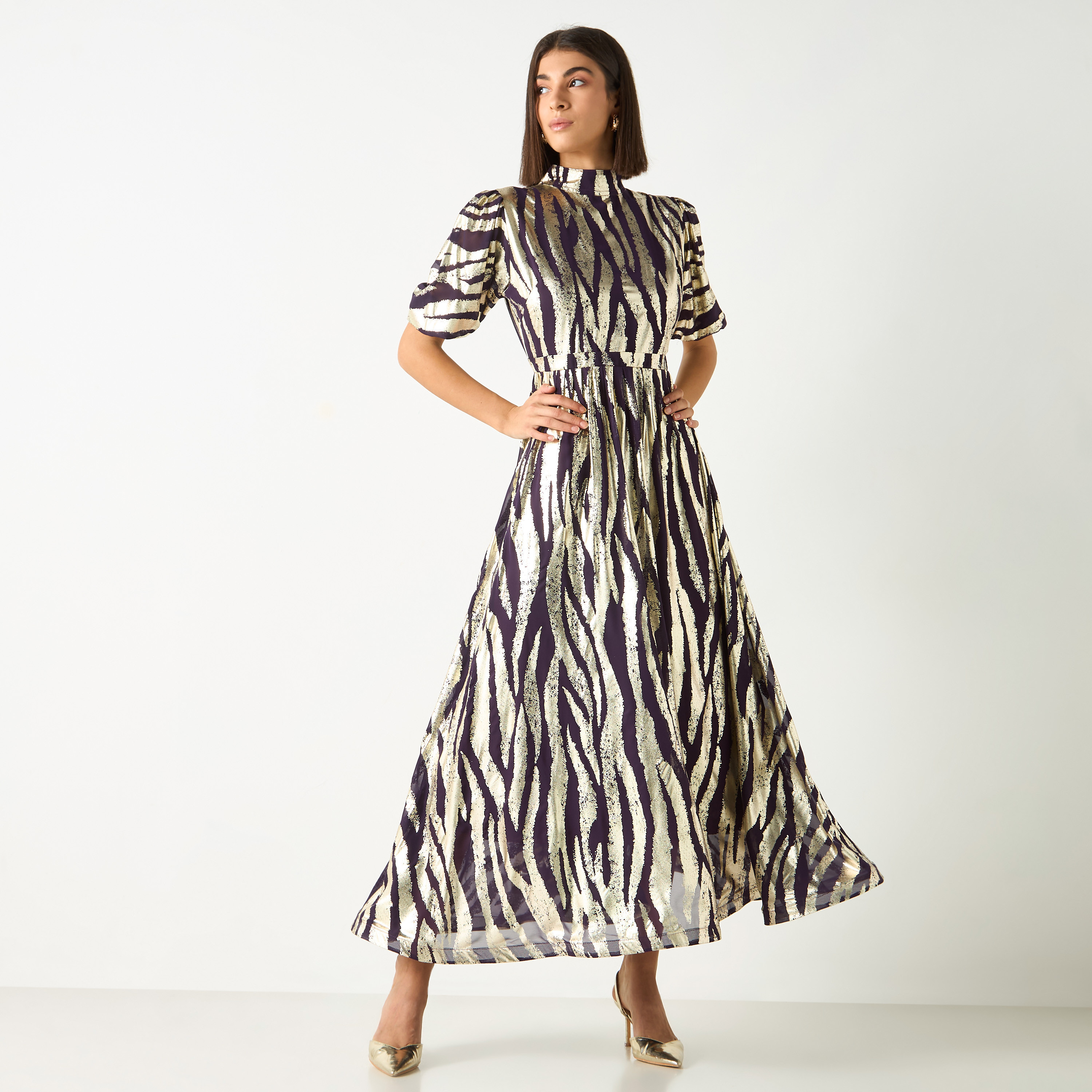 Golden Apple All-Over Print High Neck Dress with Puff Sleeves-women-clothing-dresses-image-1
