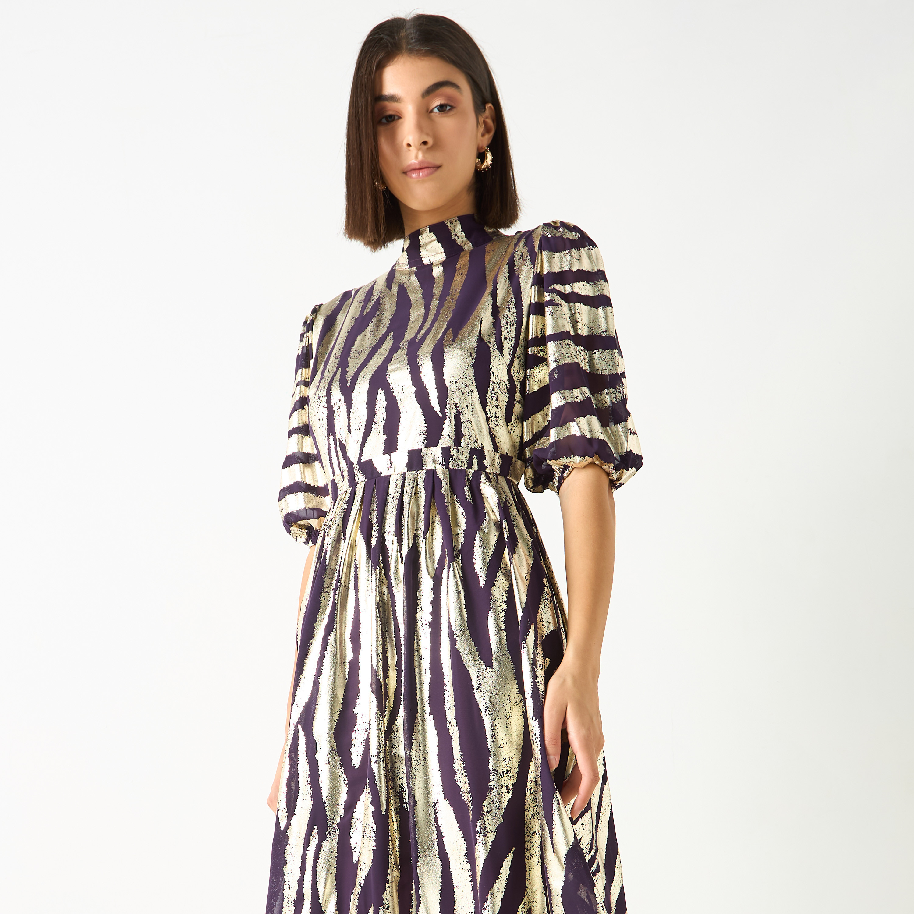Golden Apple All-Over Print High Neck Dress with Puff Sleeves-women-clothing-dresses-image-3