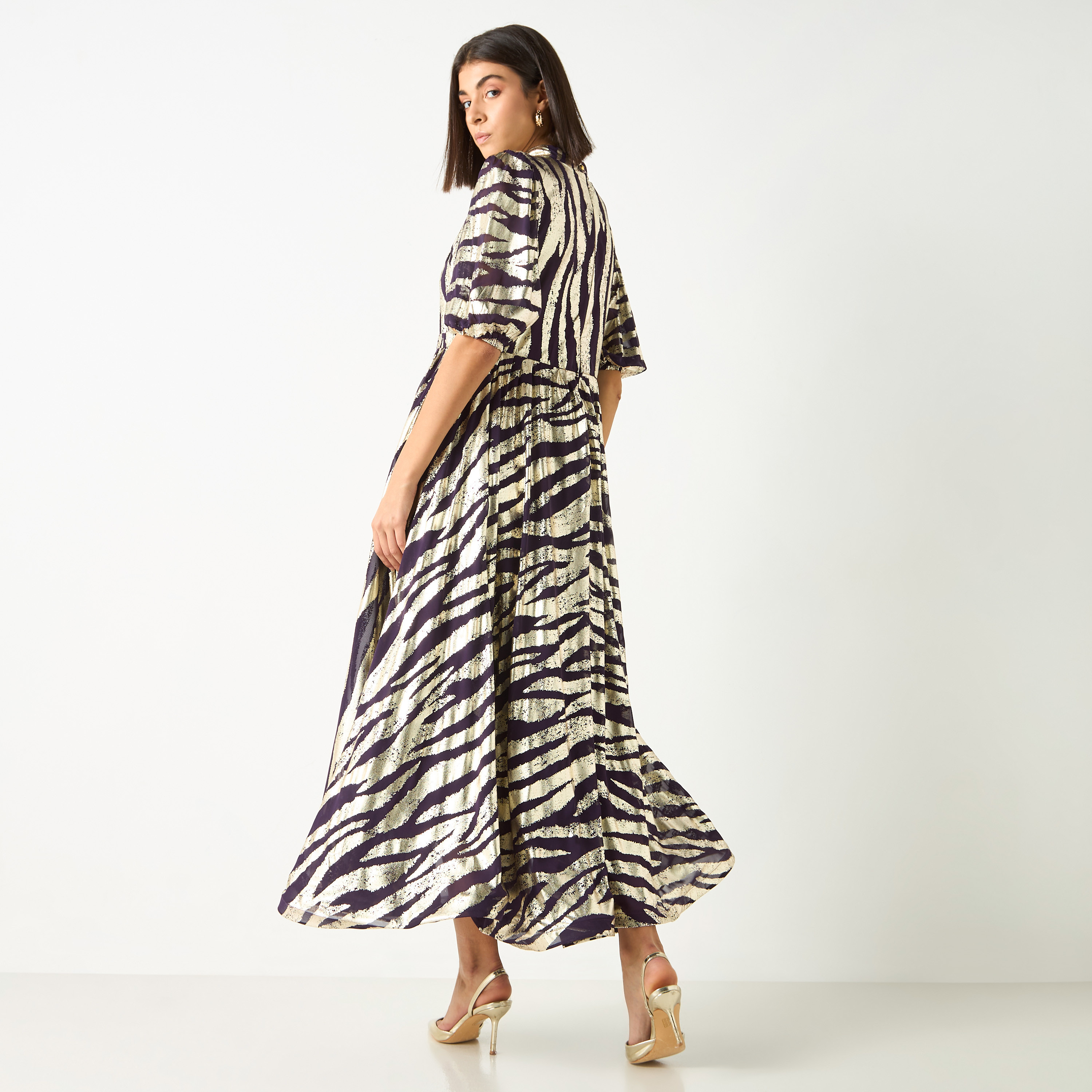 Golden Apple All-Over Print High Neck Dress with Puff Sleeves-women-clothing-dresses-image-4