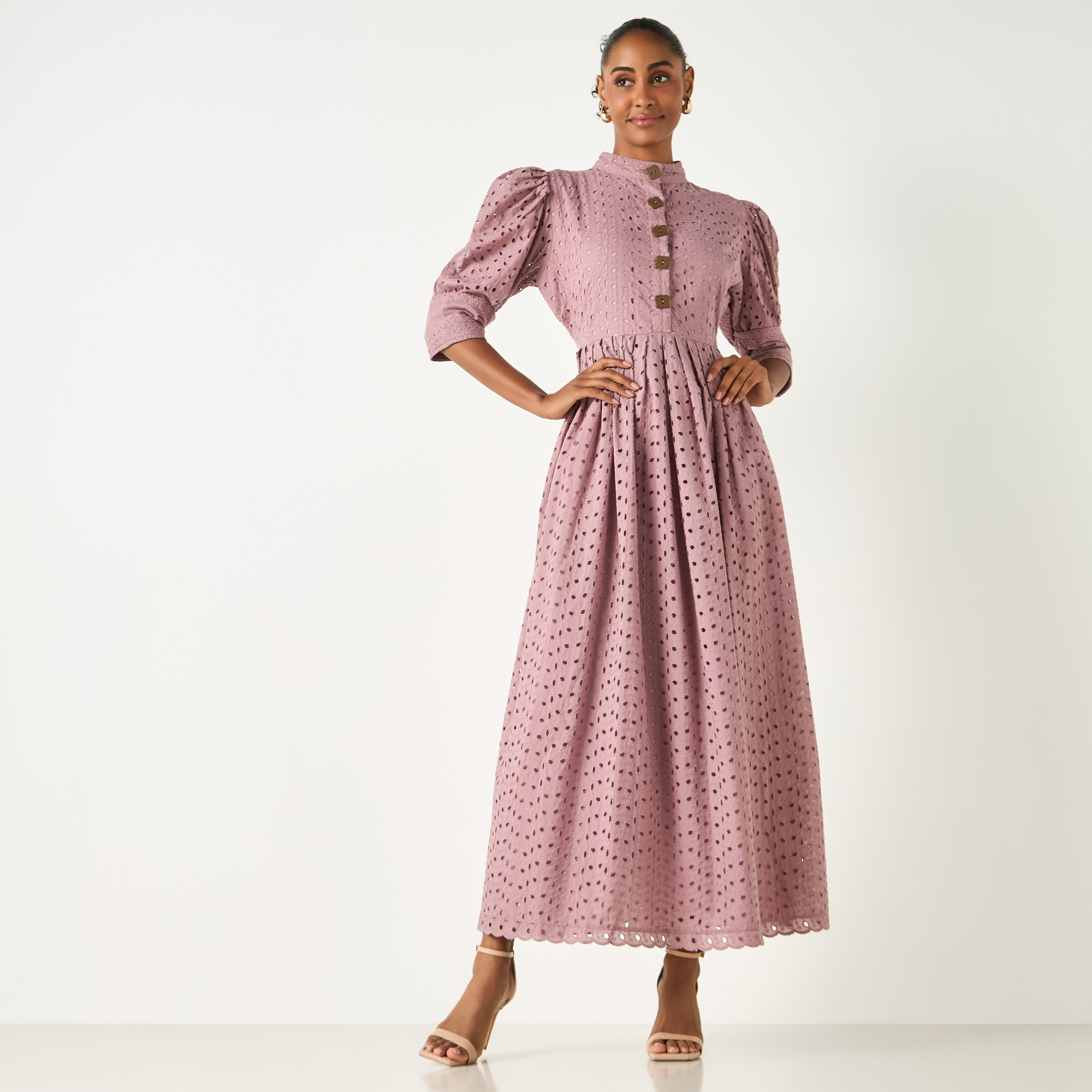 Golden Apple All-Over Schiffli Detail Mandarin Collar Dress with Puff Sleeves-women-clothing-dresses-image-2