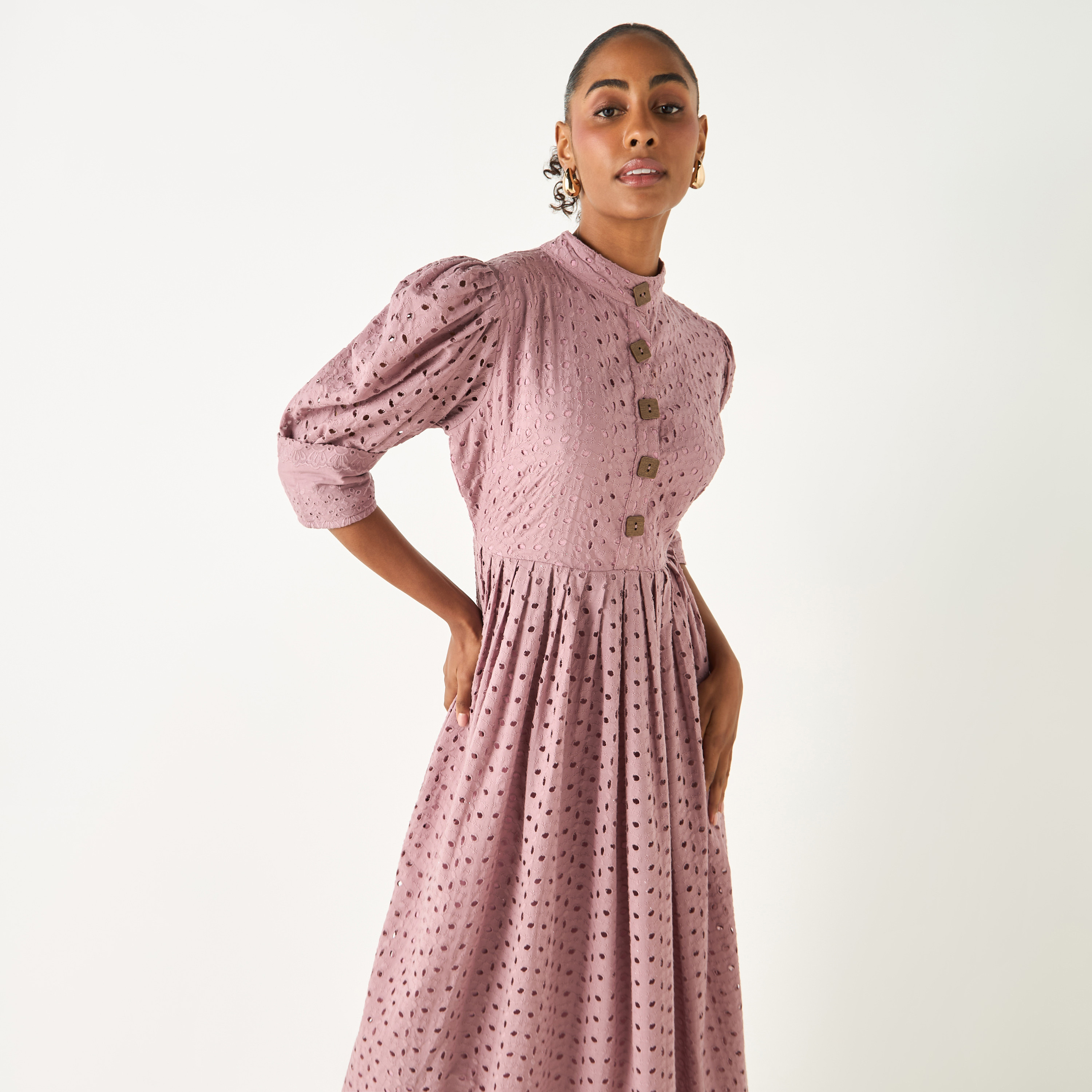 Golden Apple All-Over Schiffli Detail Mandarin Collar Dress with Puff Sleeves-women-clothing-dresses-image-3