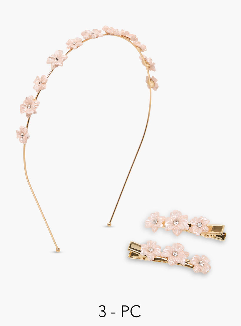 طقم مشبك شعر وربطة شعر بتزيينات زهرية 3 قطع من فلورا بيلا-girls-accessories-hairaccessories-image-1