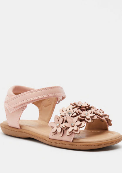 Floral Accented Flat Sandals with Hook and Loop Closure-Girl%27s Sandals-image-1