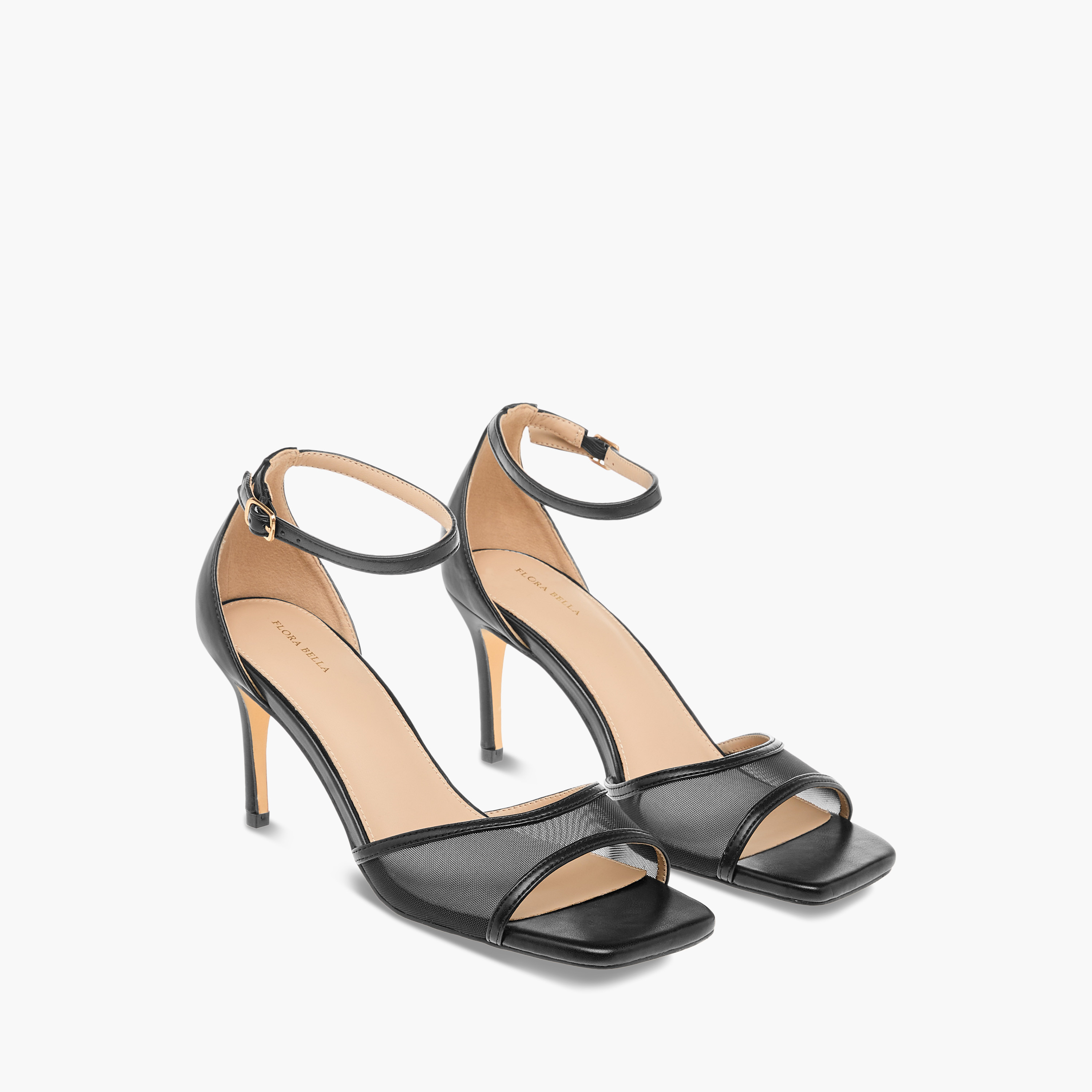 Flora Bella Mesh Detail Stiletto Sandals with Ankle Strap and Buckle Closure-women-shoes-sandals-heeled-image-1