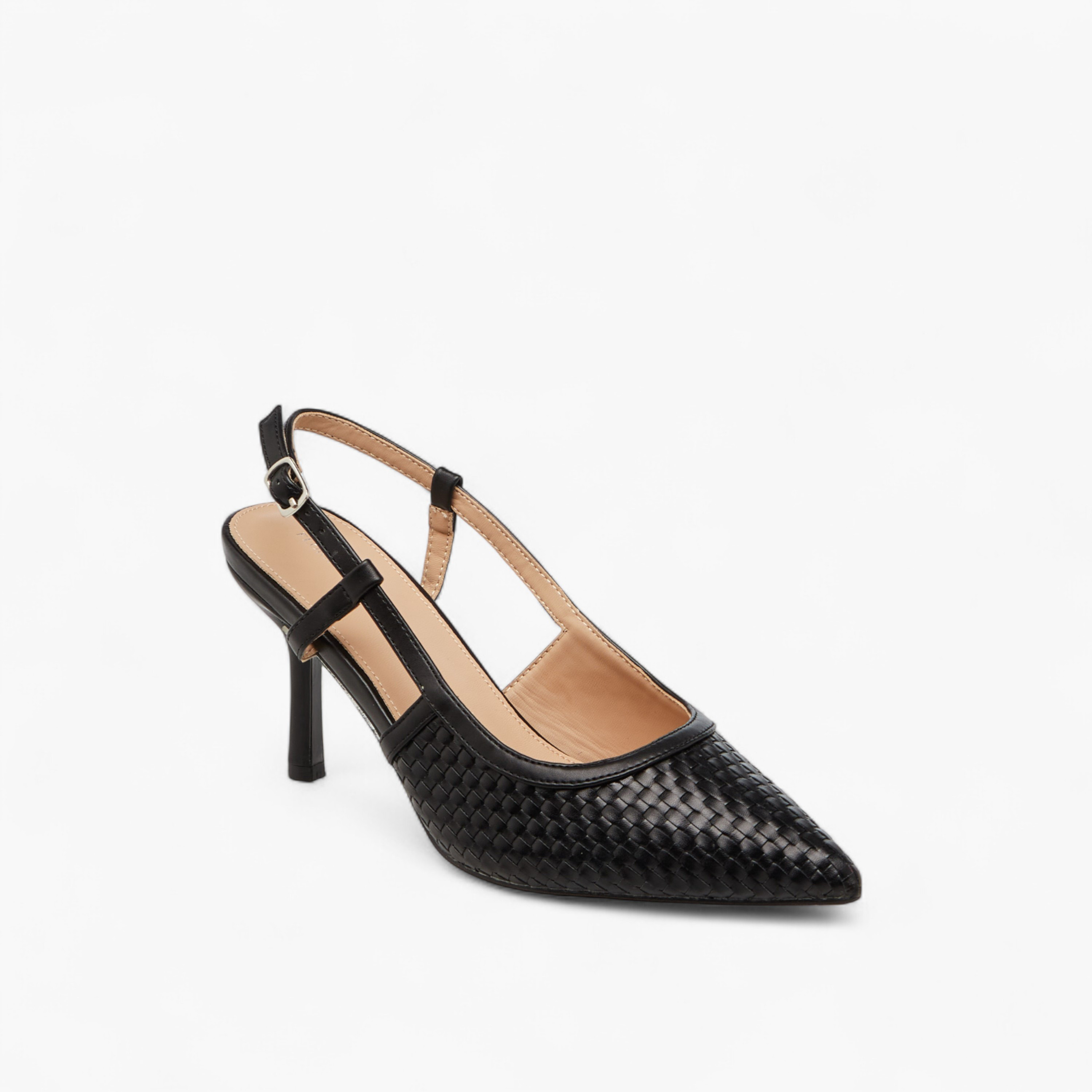 Flora Bella Textured Pointed Toe Shoes with Flared Heel and Buckle Closure-women-shoes-heels-image-2