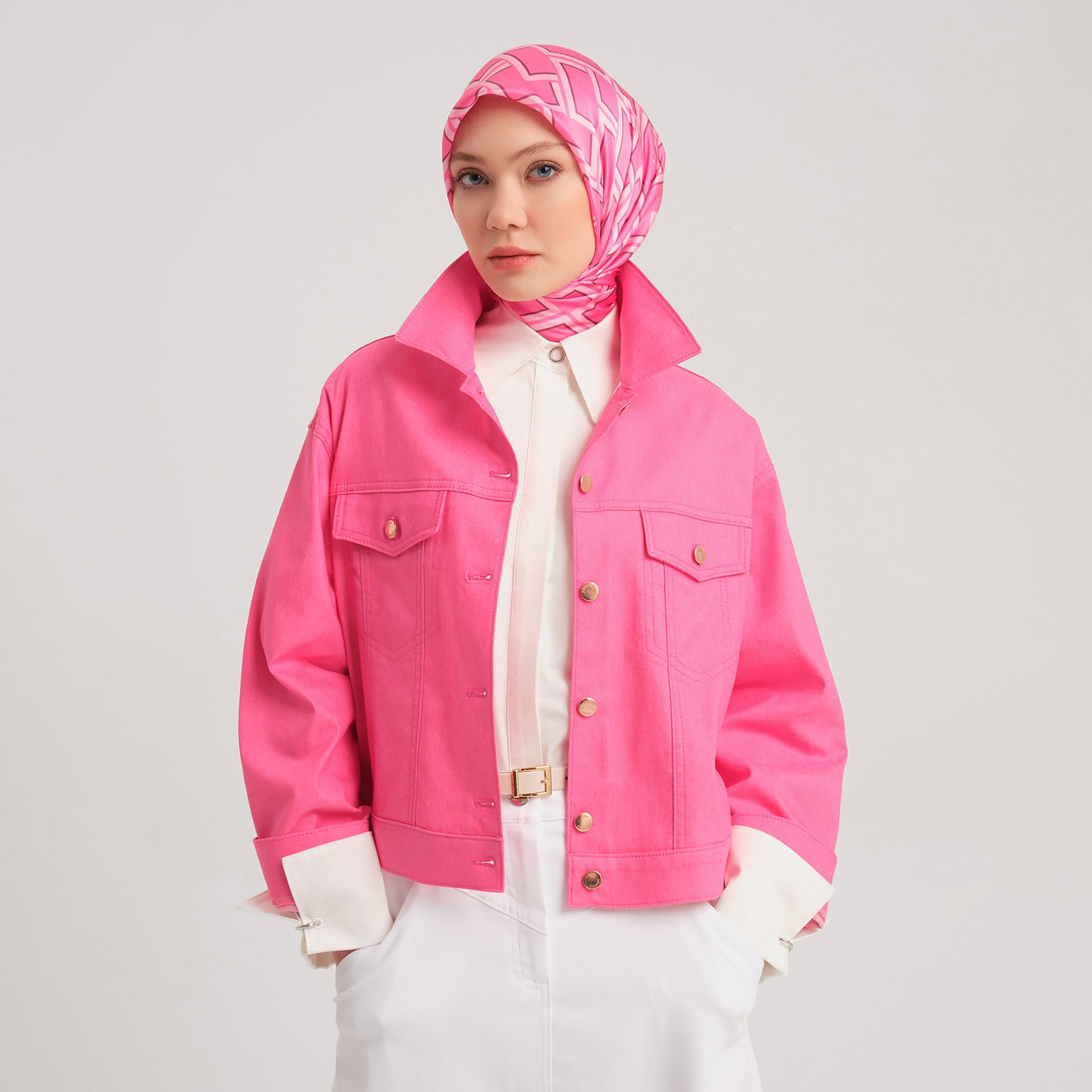 Armine Pink Collared Women's Denim Jacket-women-clothing-coatsandjackets-jackets-image-1