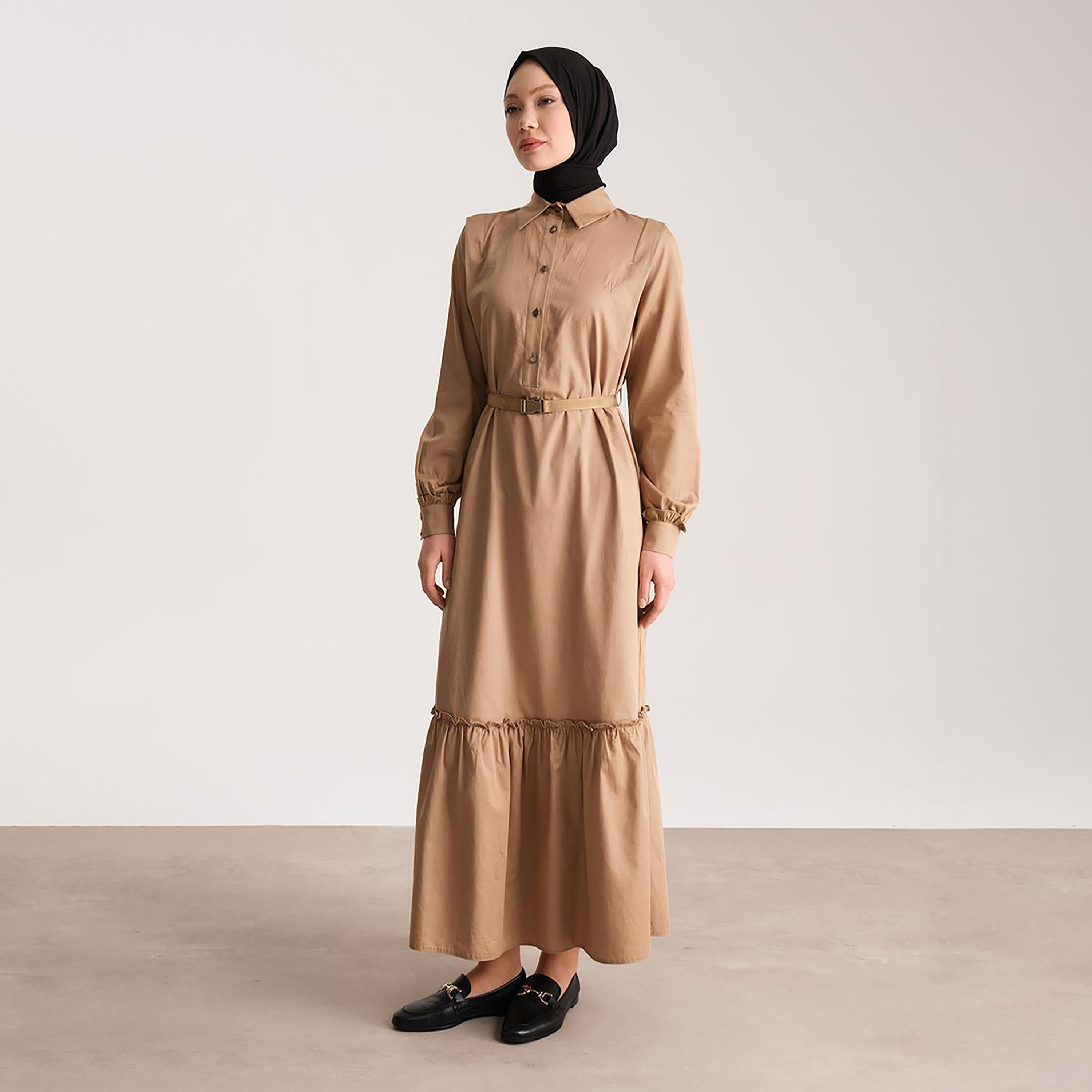 Armine Collared Buttoned Cuff Sleeves Women's Maxi Belted Dress-women-clothing-dresses-image-1