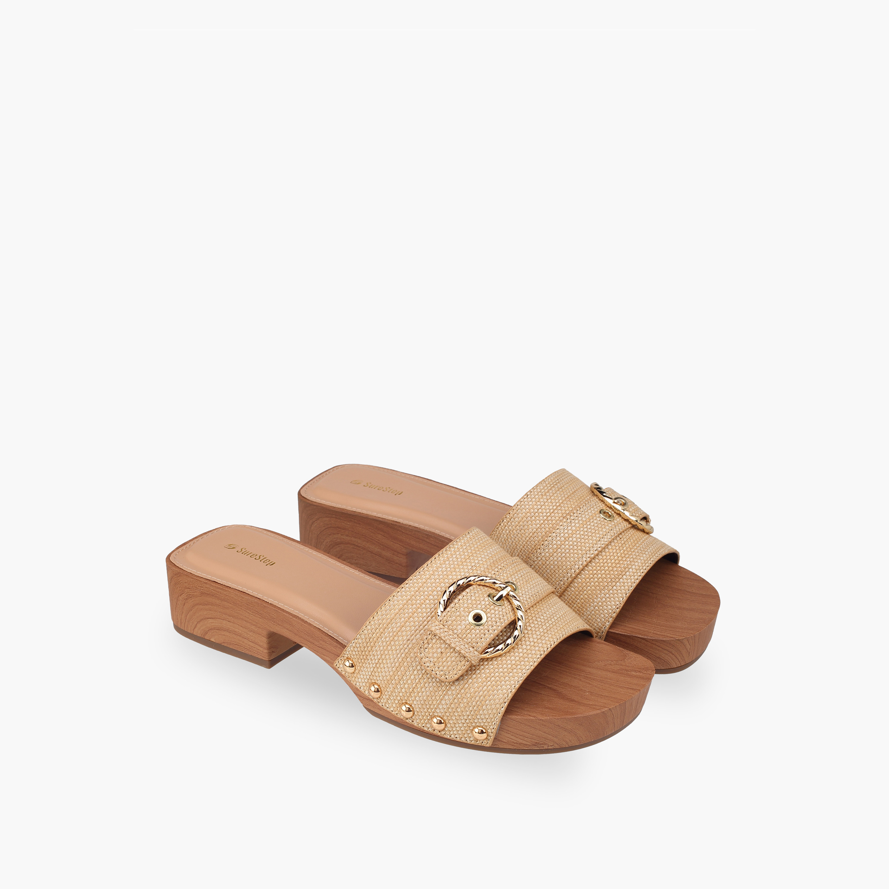 Surestep Women Lightweight Buckle Accent Block Heel Sandals with Studded Trim-women-shoes-sandals-heeled-image-1