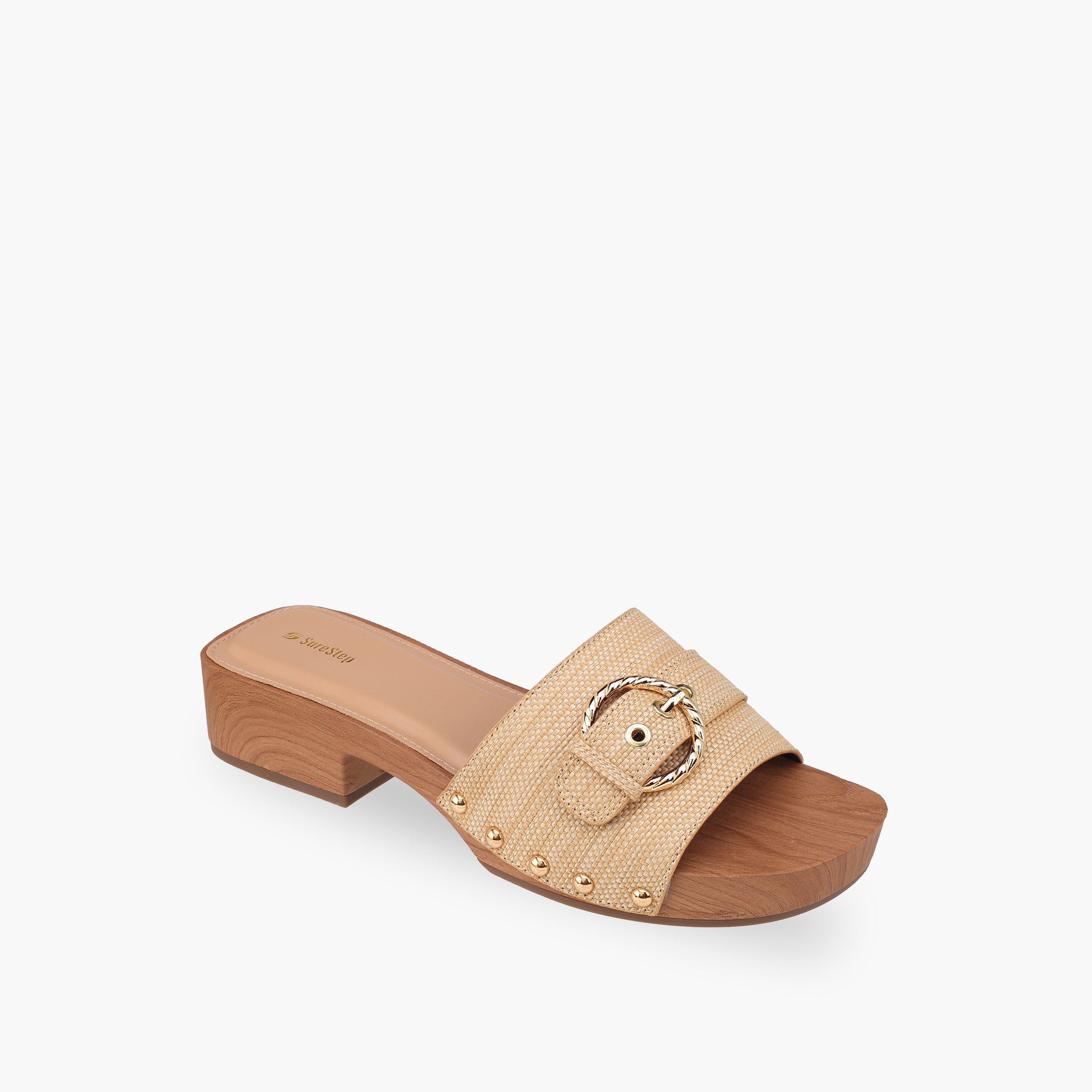 Surestep Women Lightweight Buckle Accent Block Heel Sandals with Studded Trim-women-shoes-sandals-heeled-image-2