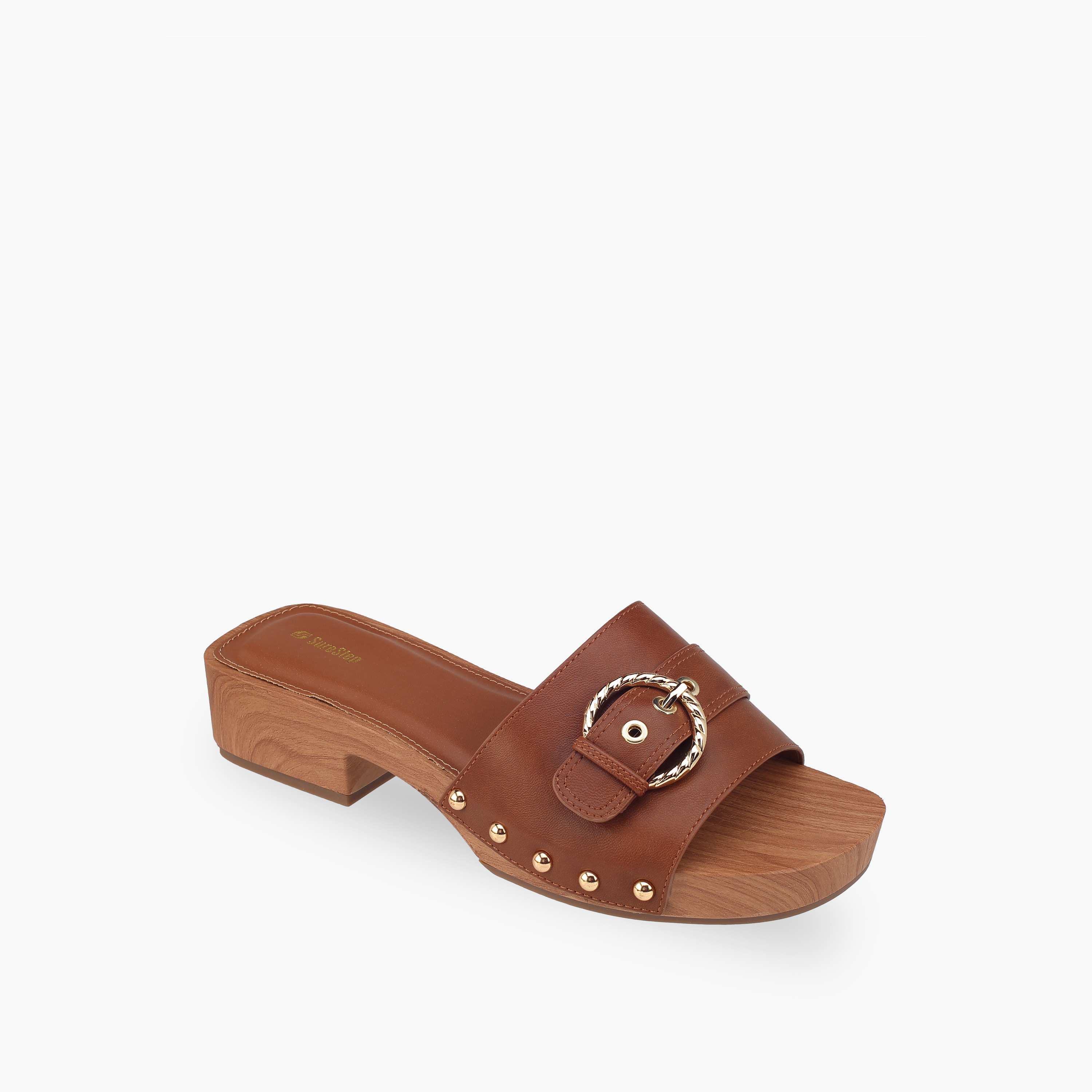 Surestep Women Lightweight Buckle Accent Block Heel Sandals with Studded Trim-women-shoes-sandals-heeled-image-2