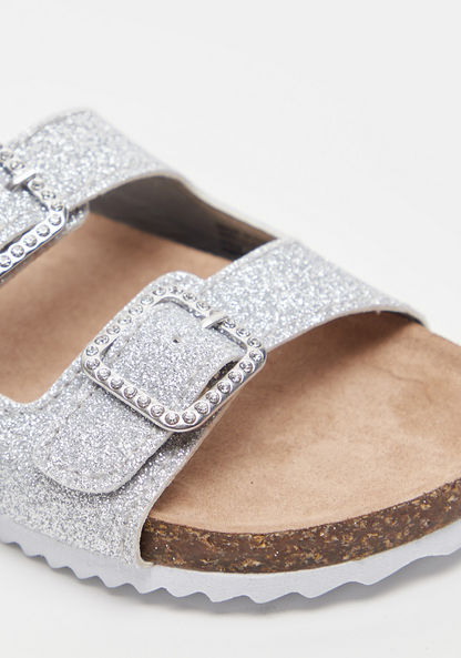 Little Missy Glitter Textured Slip-On Flat Sandals with Buckle Accents-Girl%27s Sandals-image-3