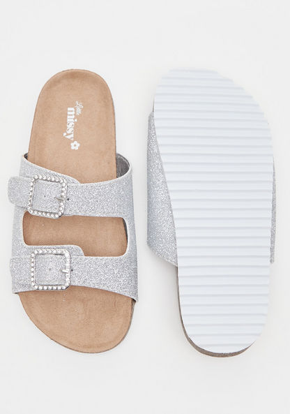Little Missy Glitter Textured Slip-On Flat Sandals with Buckle Accents-Girl%27s Sandals-image-4