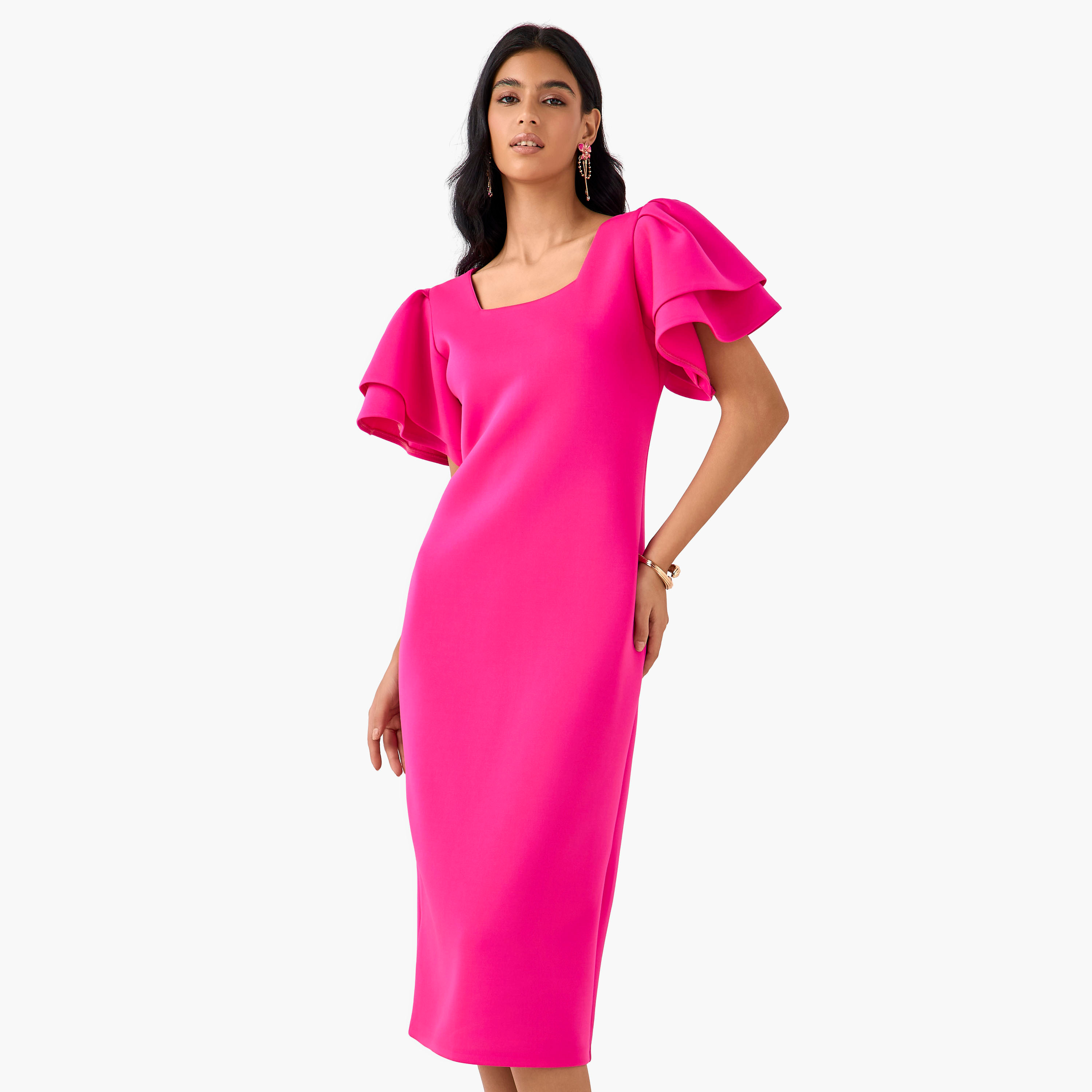 Golden Apple Bodycon Midi Polyester Dress with Flutter Sleeves-women-clothing-dresses-image-6